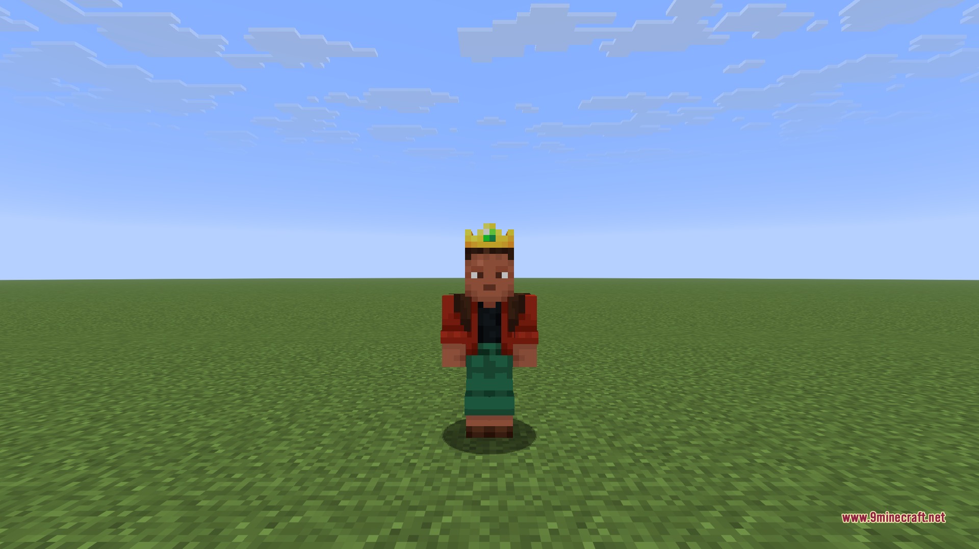 Minecraft character wearing a golden crown standing in a flat green world
