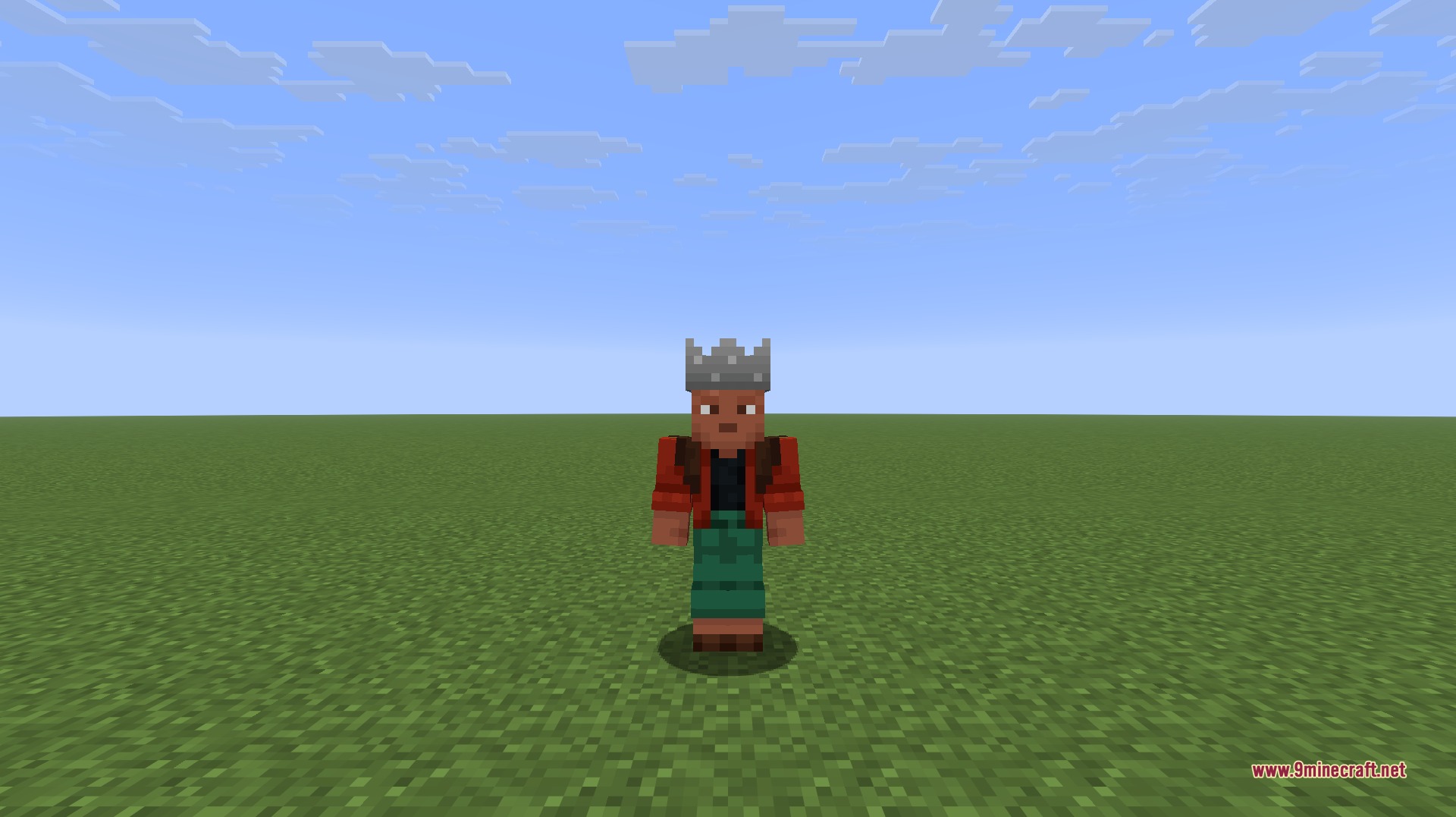 Minecraft character wearing a grey crown standing in a flat world