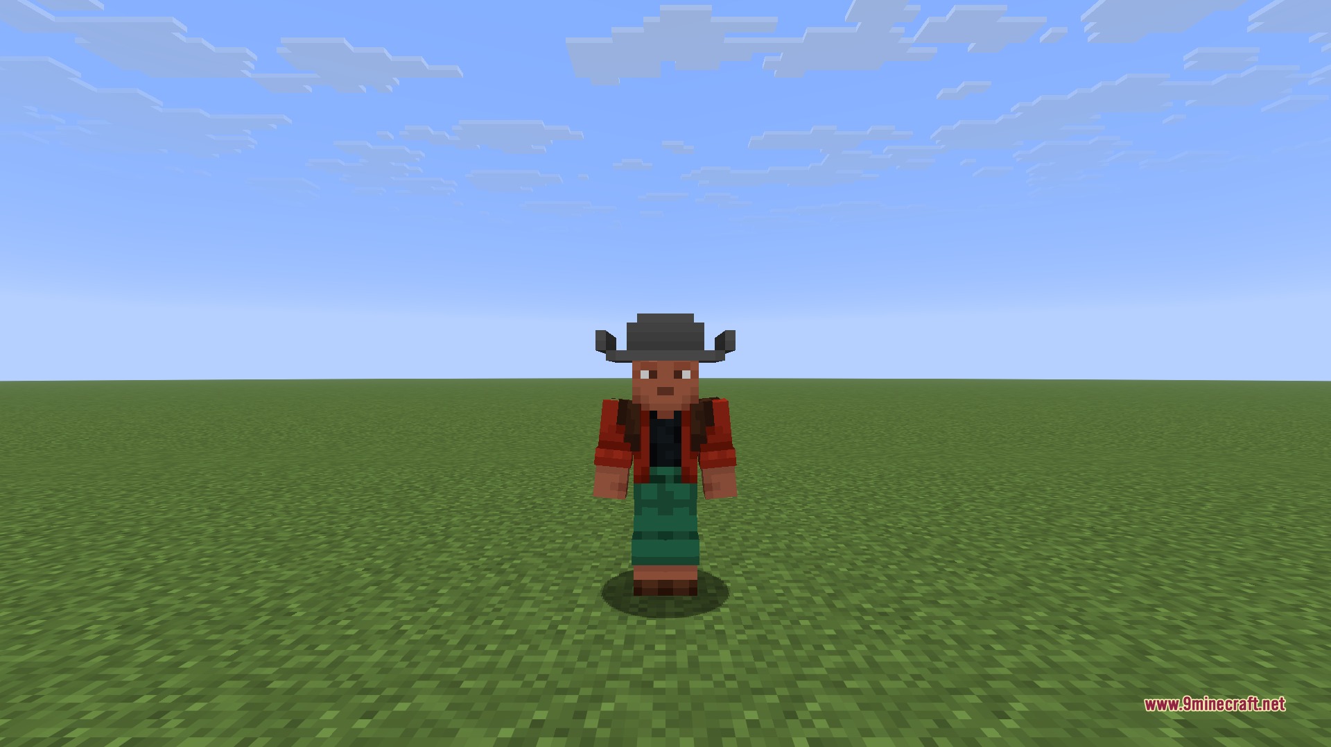 Minecraft character wearing a black cowboy hat in a flat world