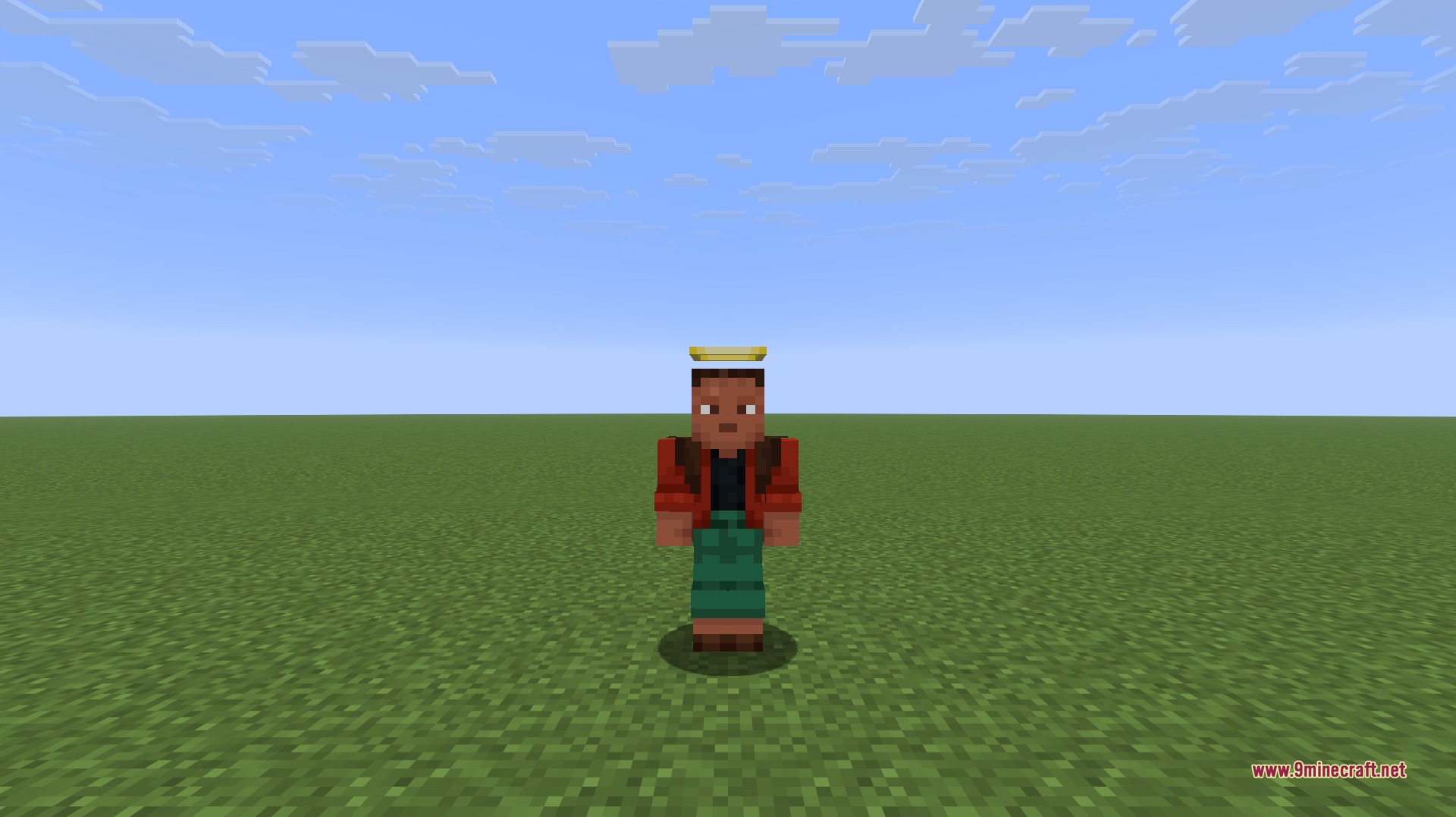 Character wearing a glowing yellow halo in a flat world