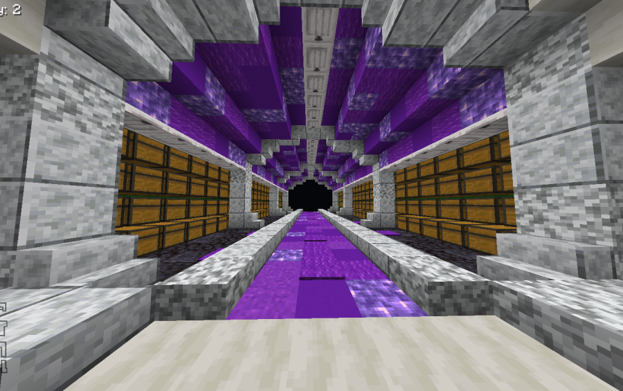Simple Storage Room Purpel Schematic Screenshots 1 A long Minecraft storage hallway with purple accents and rows of wooden chests