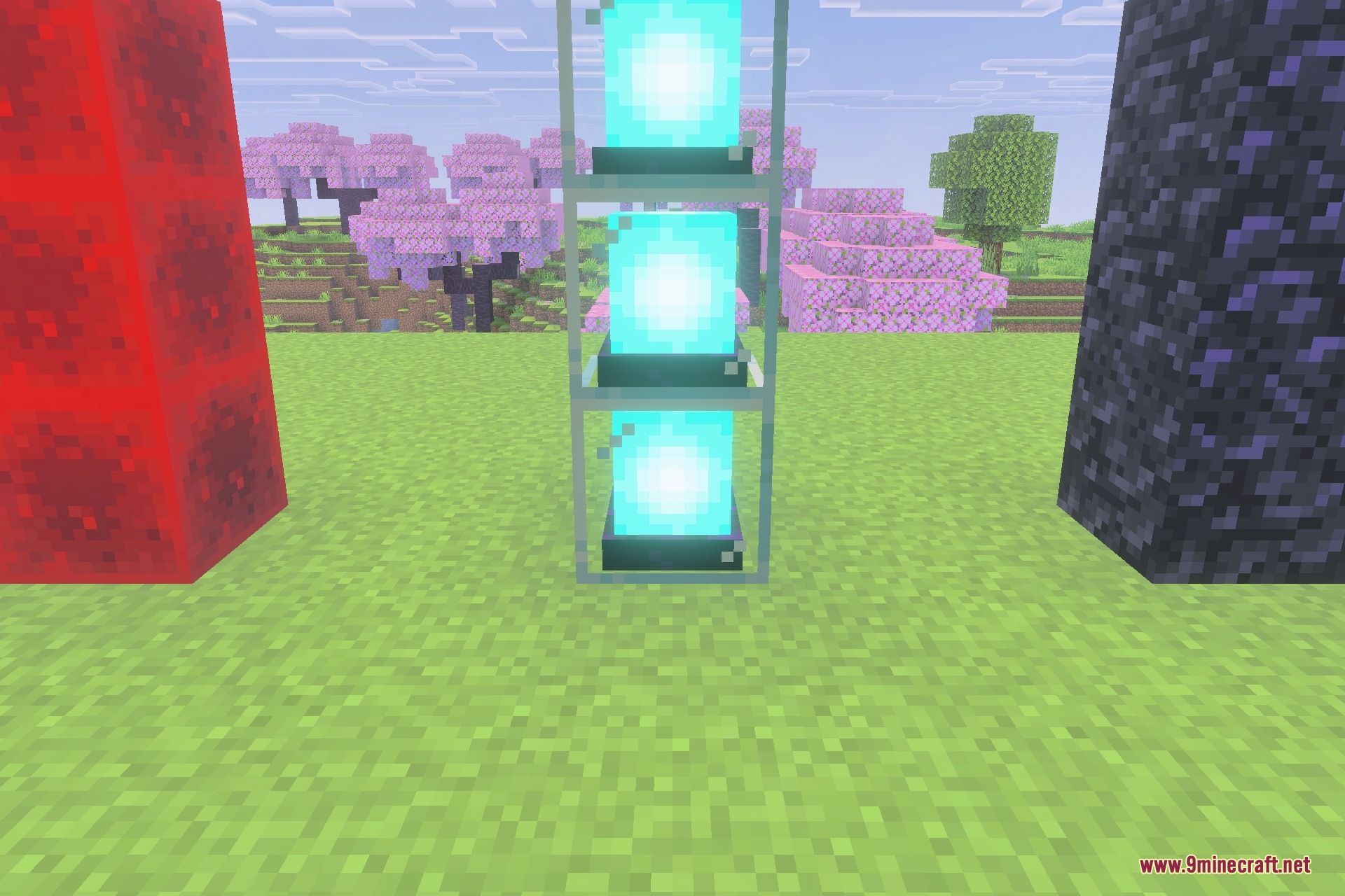 Three glowing blue cores stacked vertically with cherry blossom trees behind