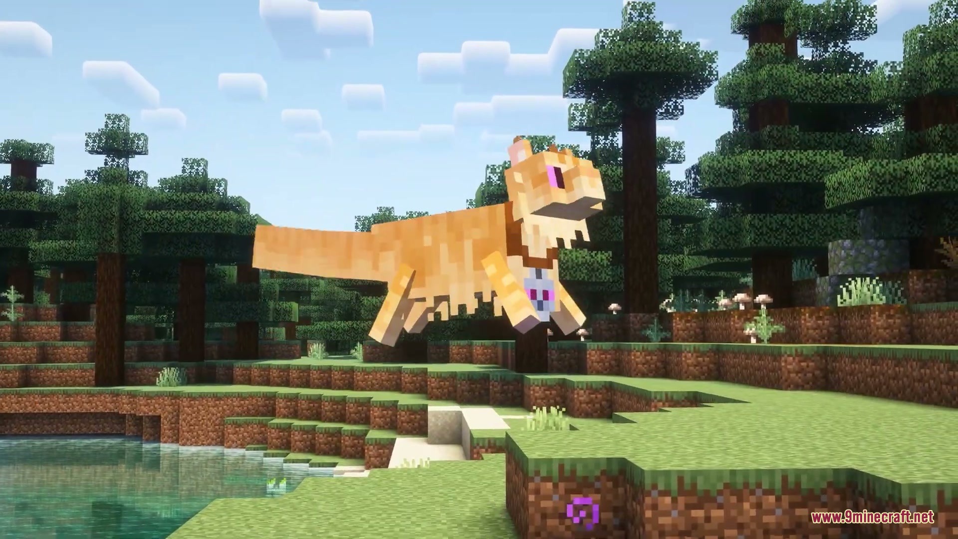 Sinuous Jointed Motion Mod Screenshot 3 A large orange feline creature jumping through a vibrant Minecraft forest biome