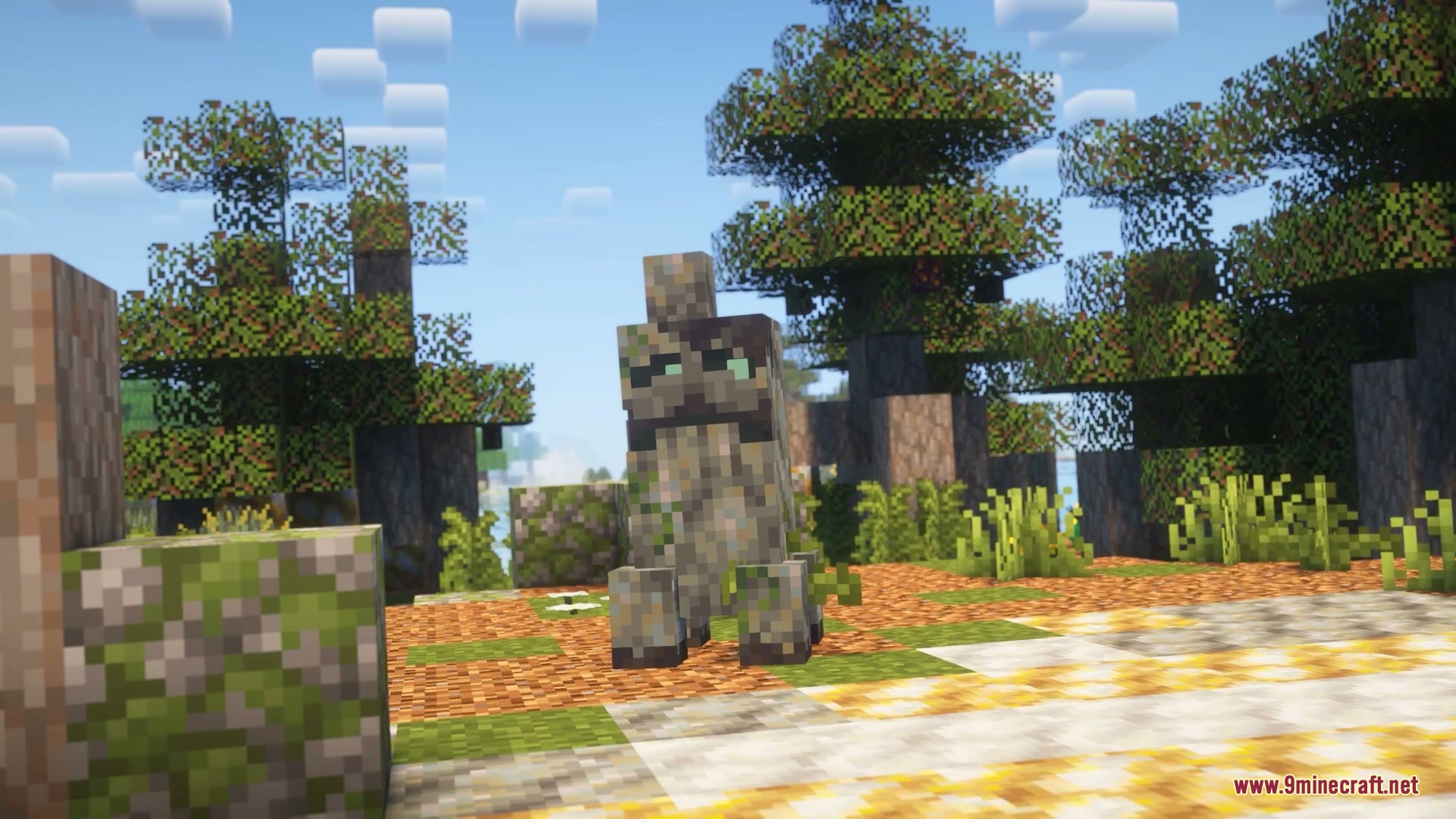 Sinuous Jointed Motion Mod Screenshot 4 A mossy stone mob standing on a forest path with natural posture
