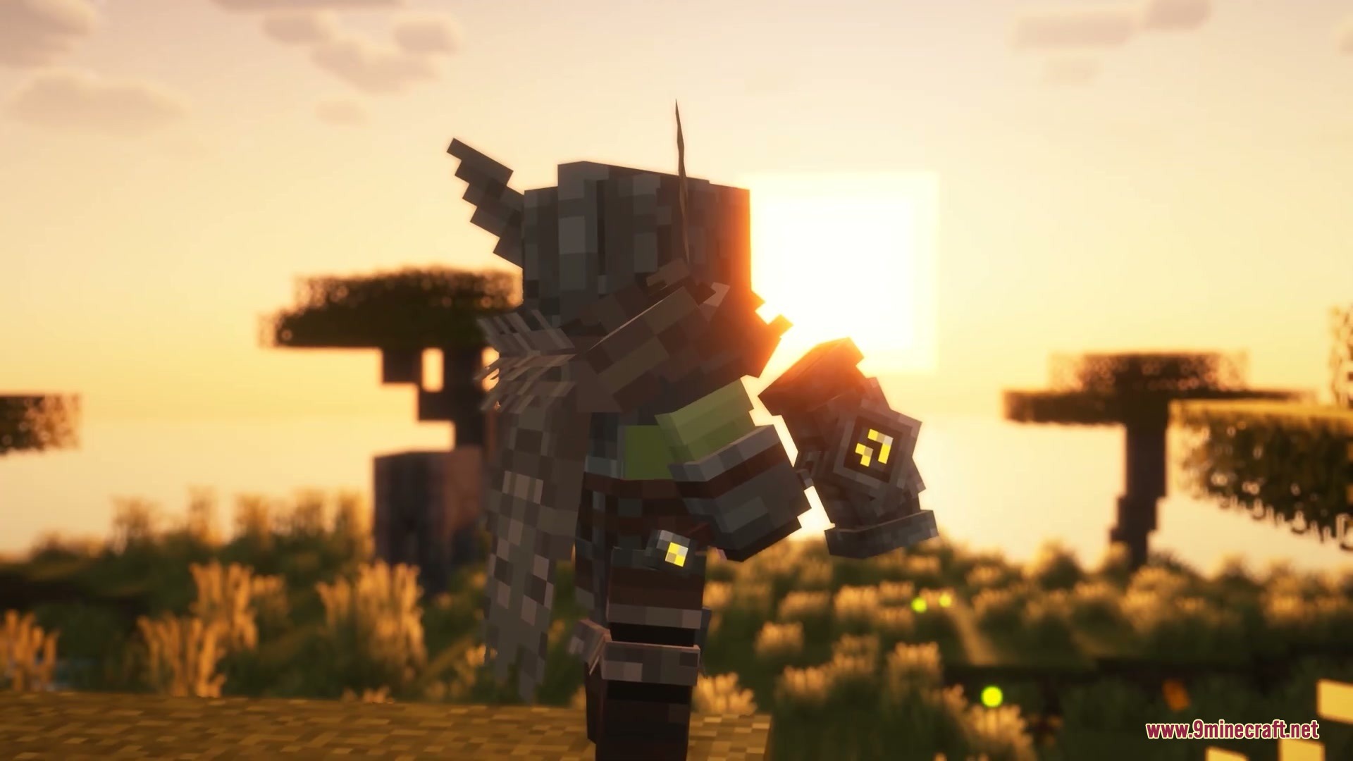 Sinuous Jointed Motion Mod Screenshot 6 Armored player stands in a savanna biome holding a large hammer at sunset