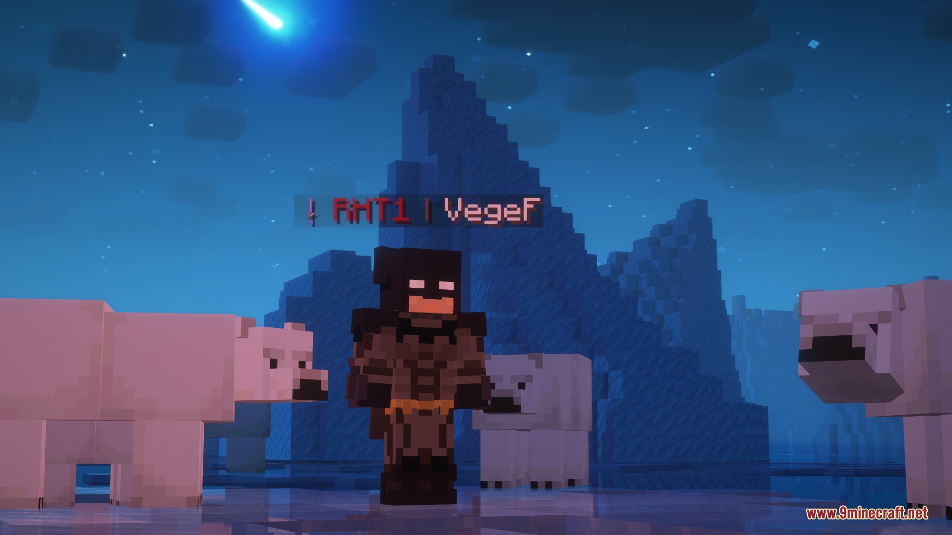 Sisu Combat Ranks Mod Screenshot 2 Minecraft character in a Batman suit standing among polar bears in the snow