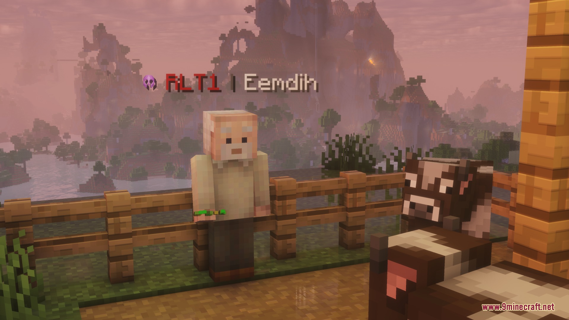 Sisu Combat Ranks Mod Screenshot 3 Minecraft player with a rank tag standing next to a cow near a fence