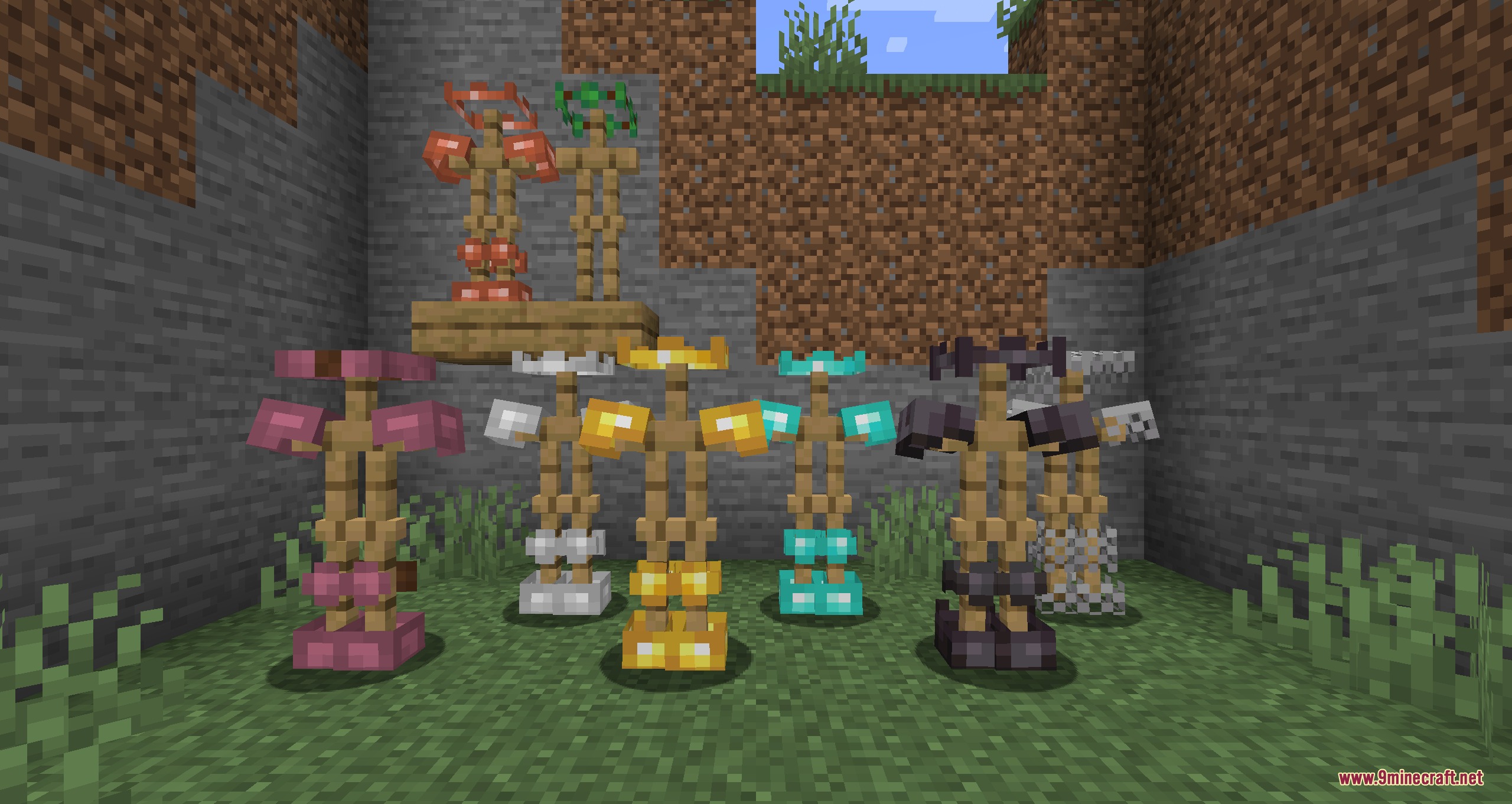 Skinframe Elite Resource Pack Screenshot 1 Armor stands showcasing various minimalist frame armor sets in a stone cave