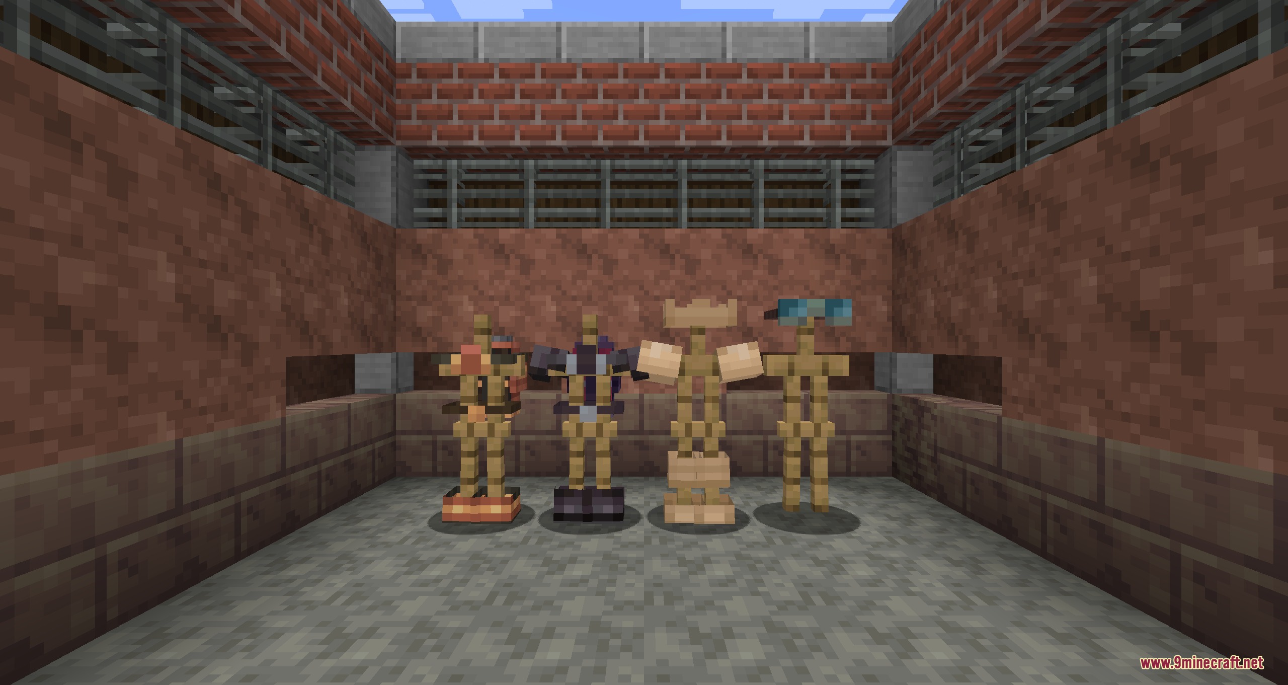 Skinframe Elite Resource Pack Screenshot 2 Four armor stands displaying modded slim frame armor in a brick room