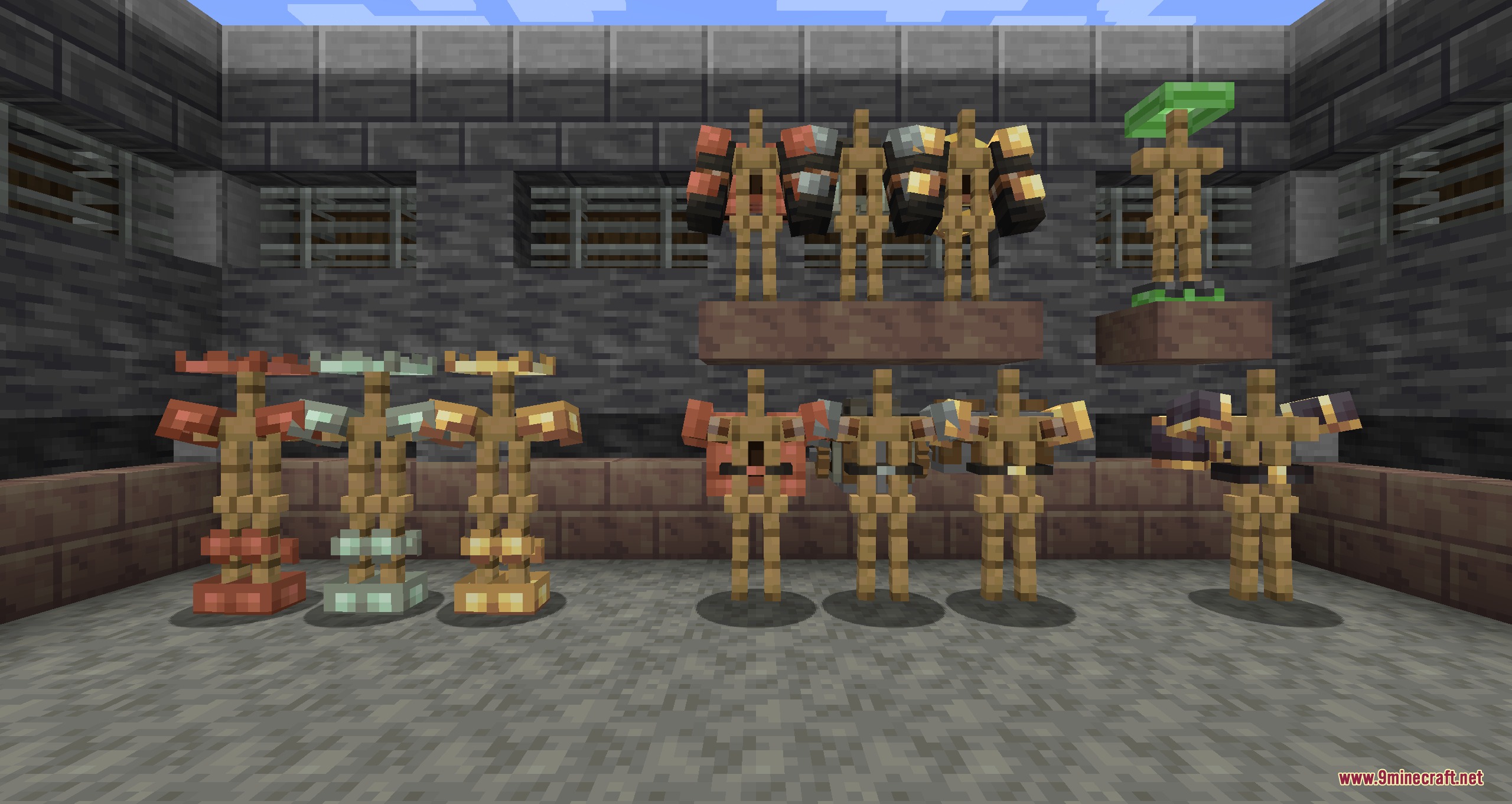 Skinframe Elite Resource Pack Screenshot 3 Armor stands showcasing slim frame armor sets inside a stone room