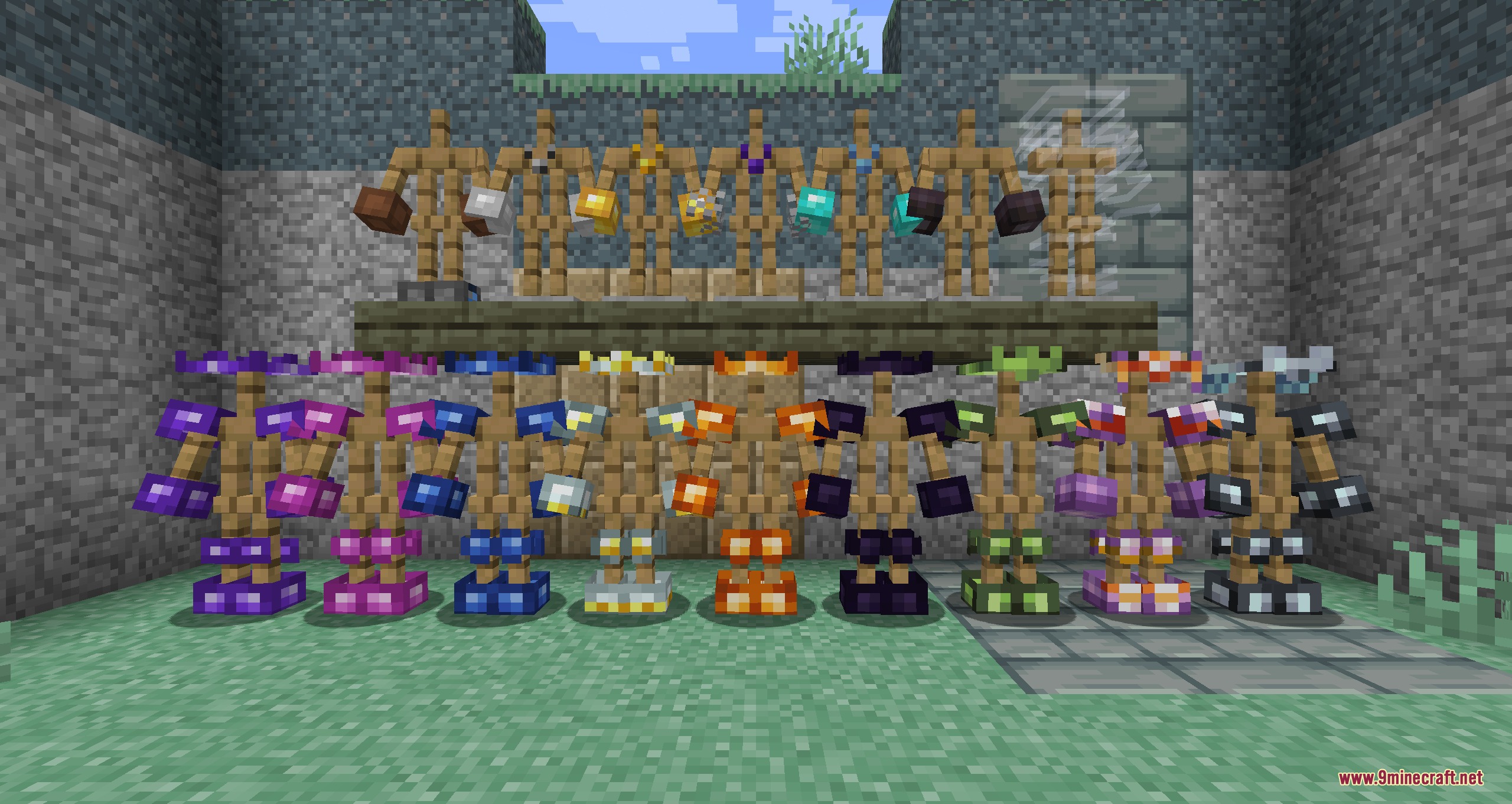 Skinframe Elite Resource Pack Screenshot 4 Colorful minimal armor frames on wooden stands in an outdoor area