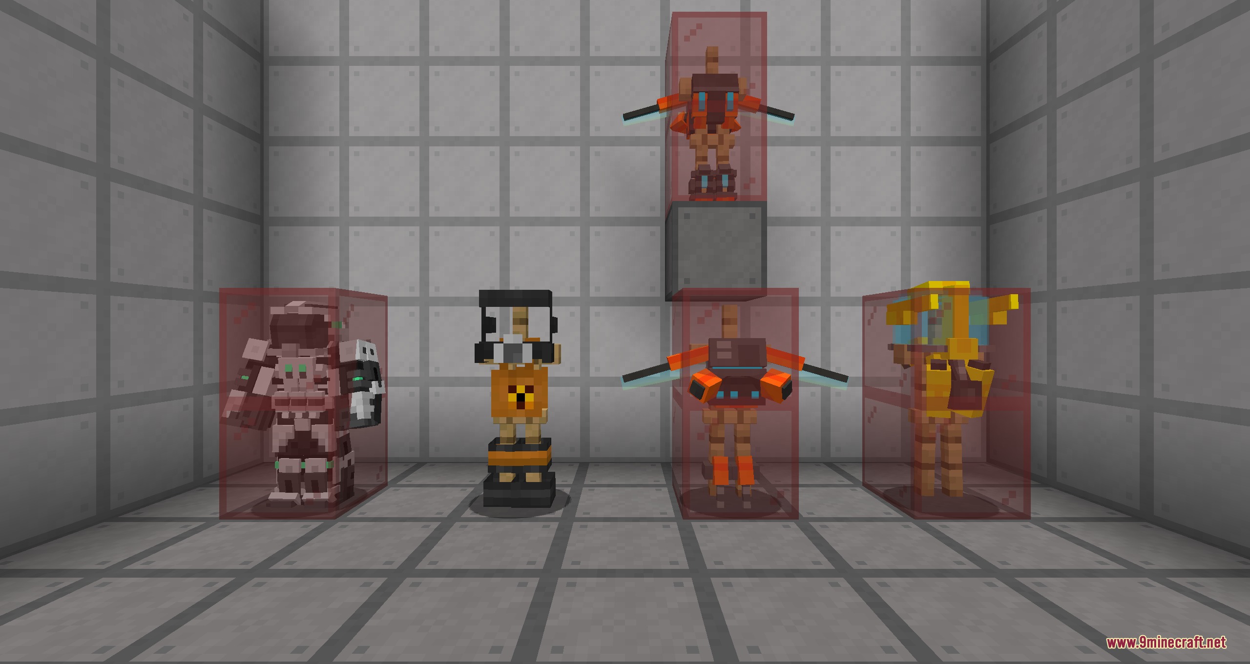 Skinframe Elite Resource Pack Screenshot 5 Armor stands displaying specialized equipment and jetpacks inside red glass cases