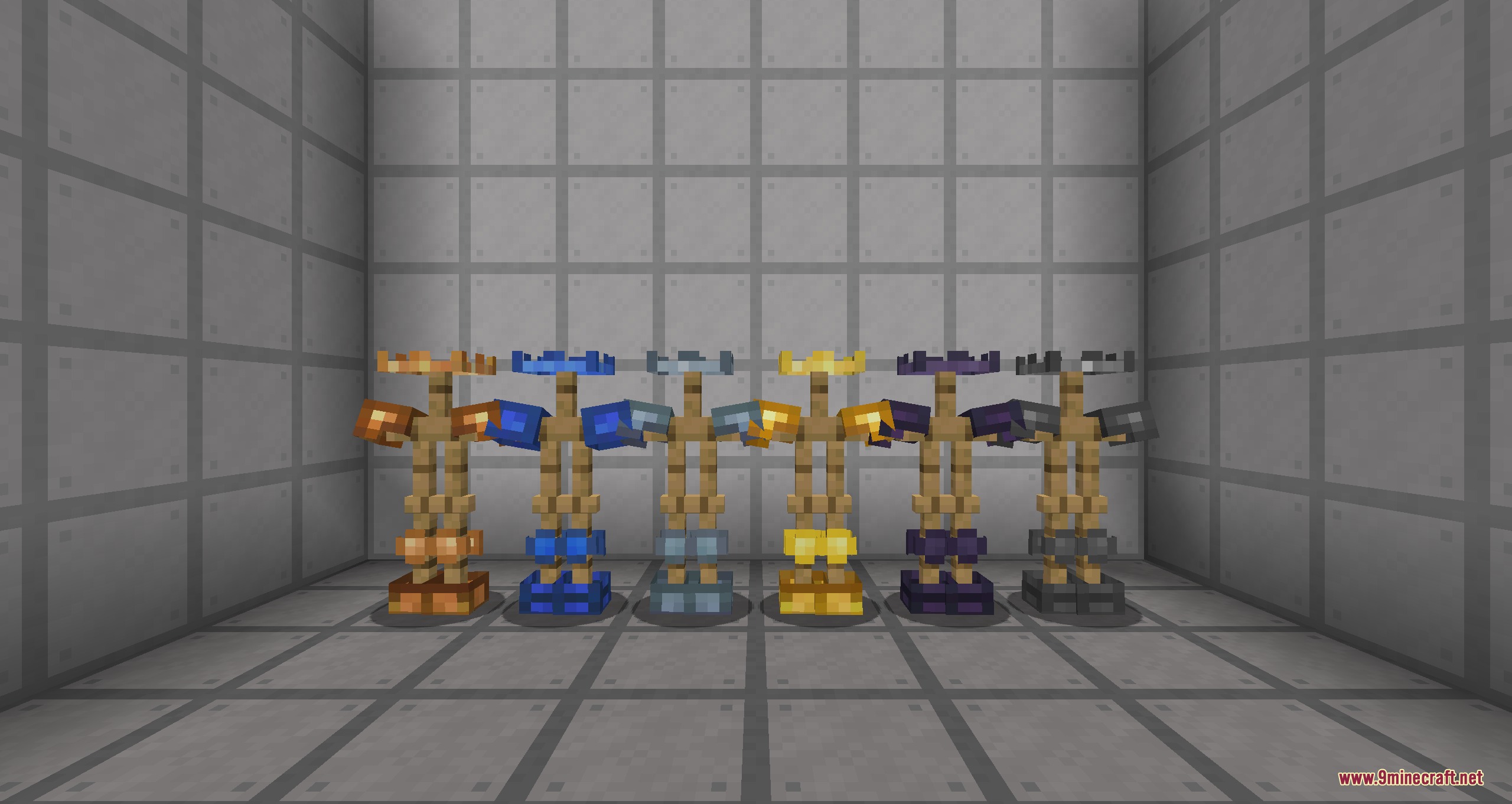 Skinframe Elite Resource Pack Screenshot 6 A row of armor stands showcasing various colored minimal frame armor sets