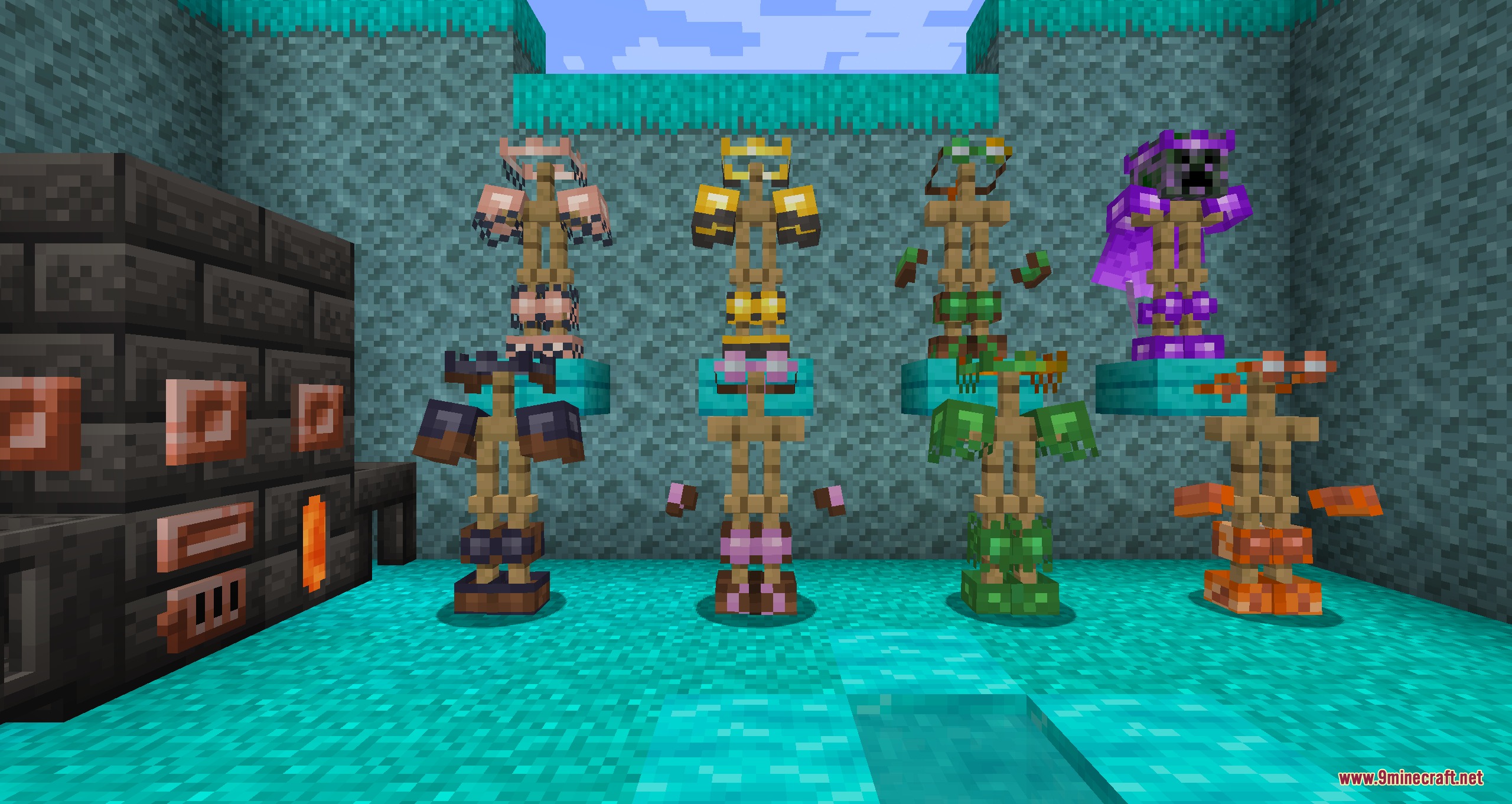 Skinframe Elite Resource Pack Screenshot 7 Skinframe Elite armor stands displayed near a dark brick smeltery