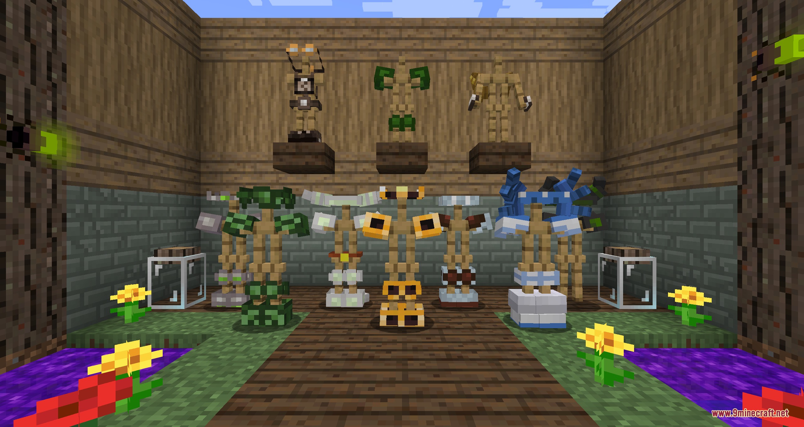 Skinframe Elite Resource Pack Screenshot 8 Minimalist armor frames showcased on stands inside a wooden room