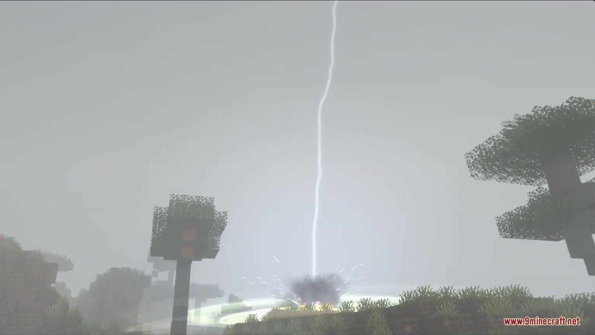 A bright lightning bolt strikes the ground creating a realistic visual shockwave
