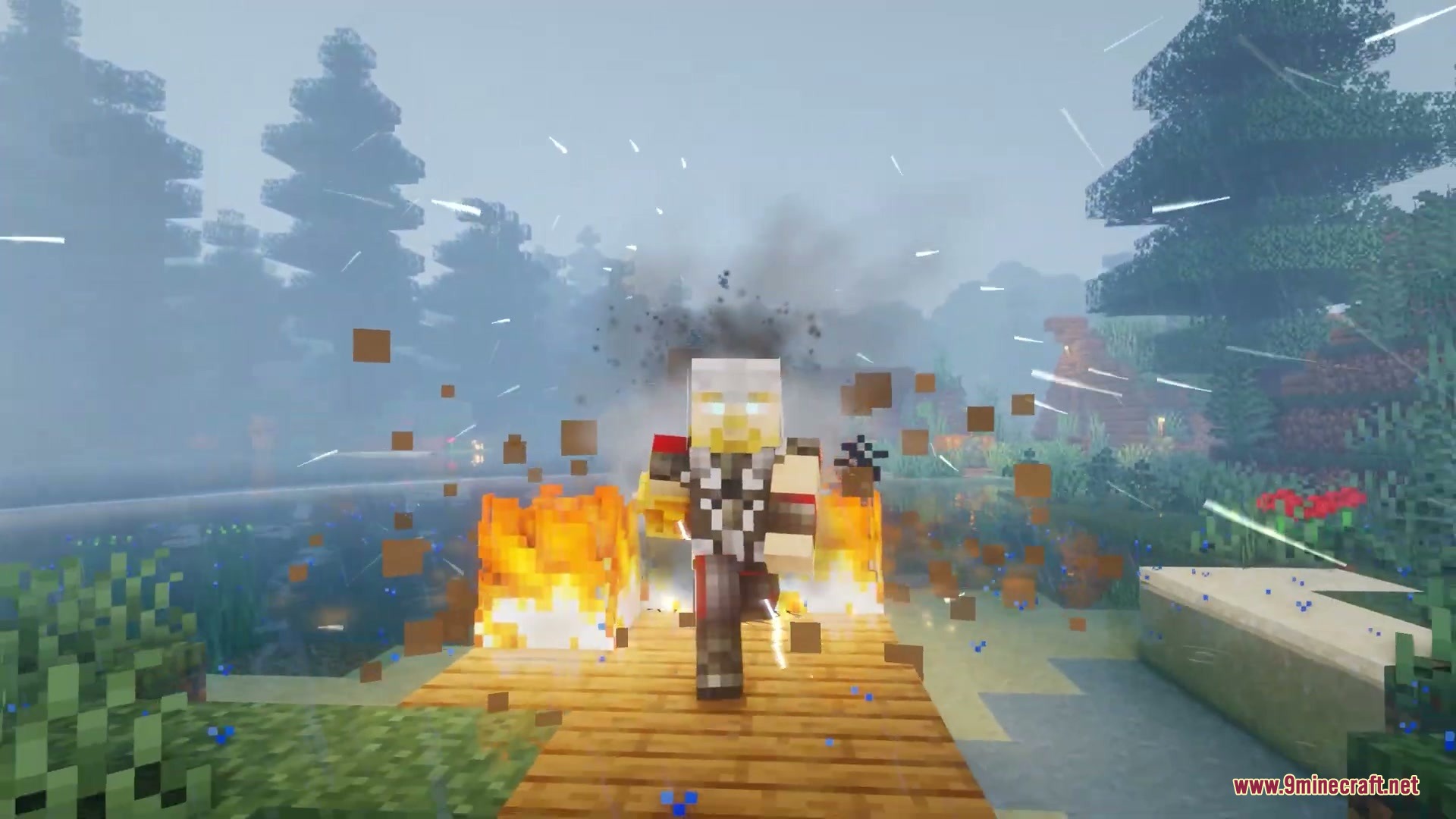 Minecraft character with glowing eyes walks through fire and smoke after a strike