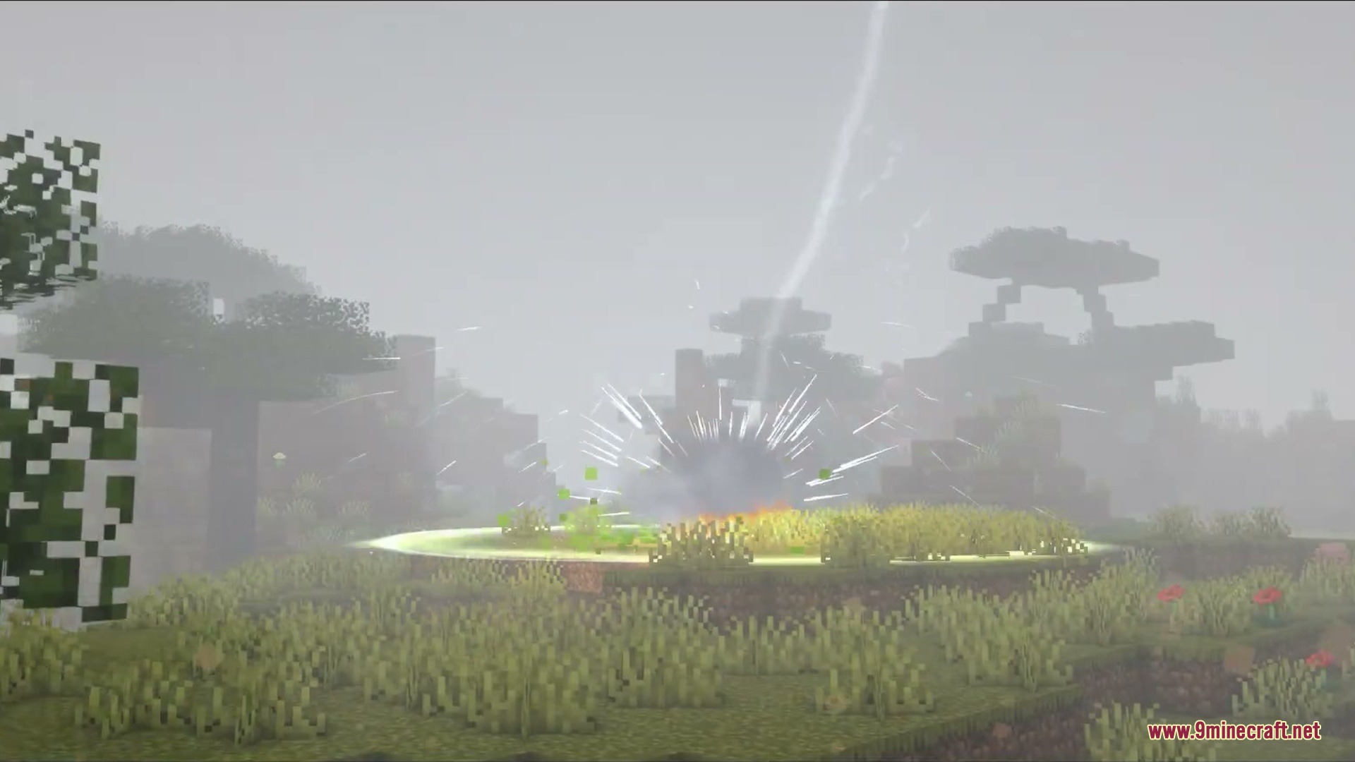 Ground impact effects showing sparks and smoke after a powerful lightning strike