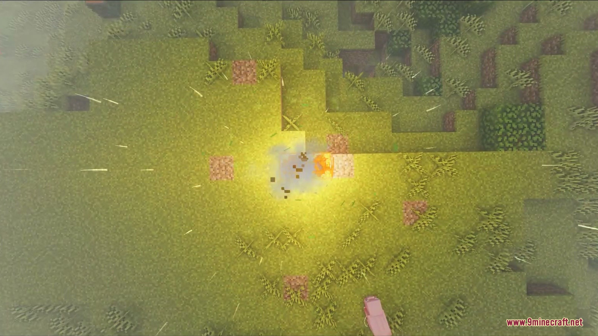 A lightning bolt strikes the ground creating a bright glow and fire