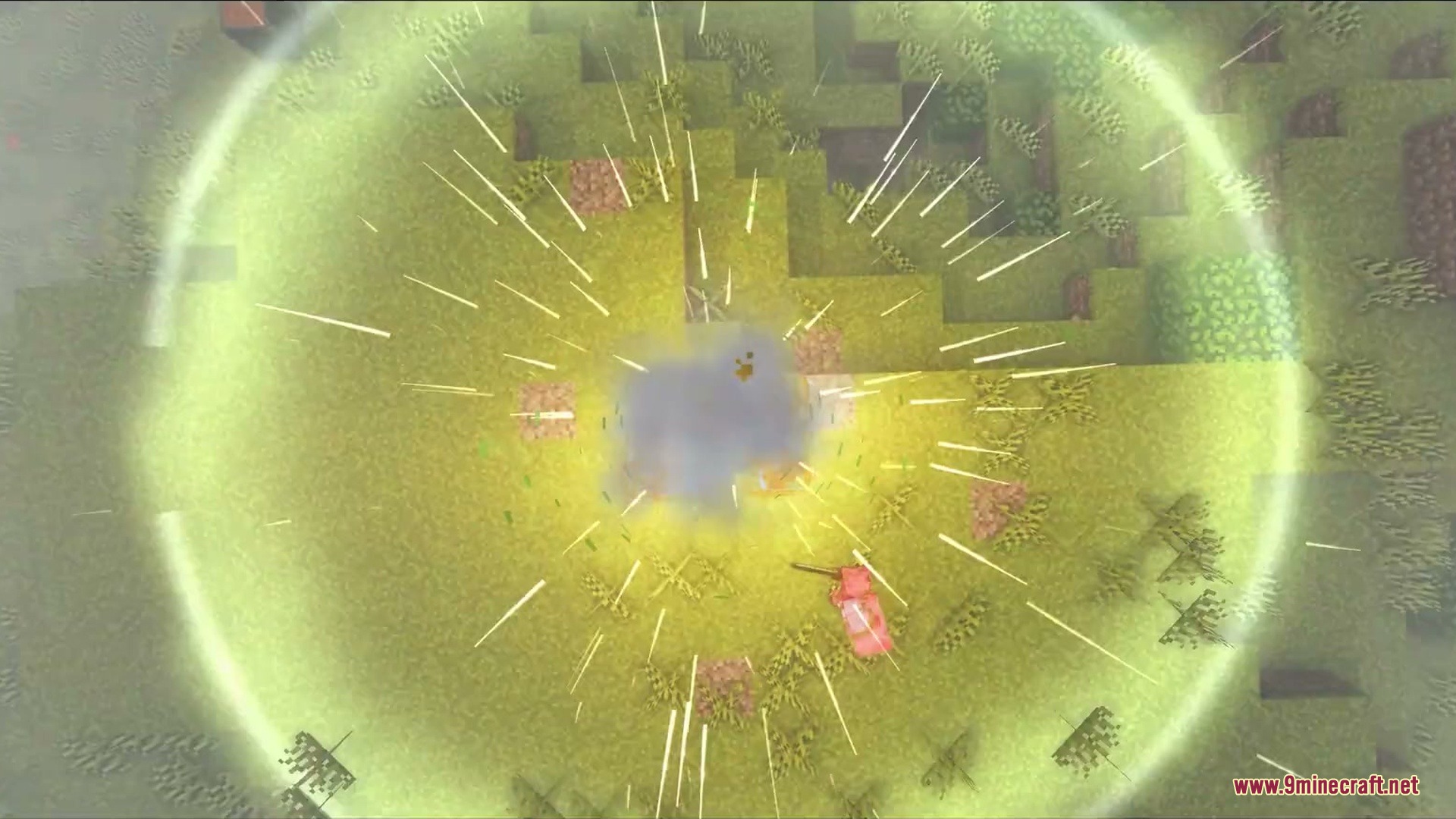 A large circular shockwave expands from the ground after a lightning strike