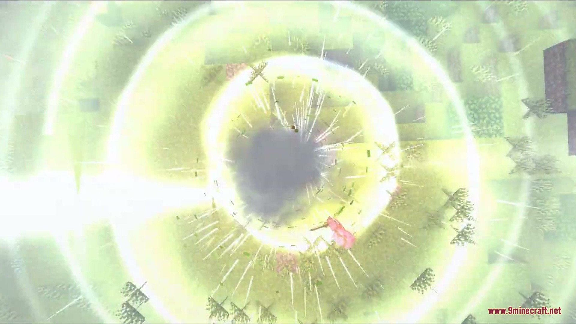 A massive glowing shockwave expands across a Minecraft forest after a lightning strike