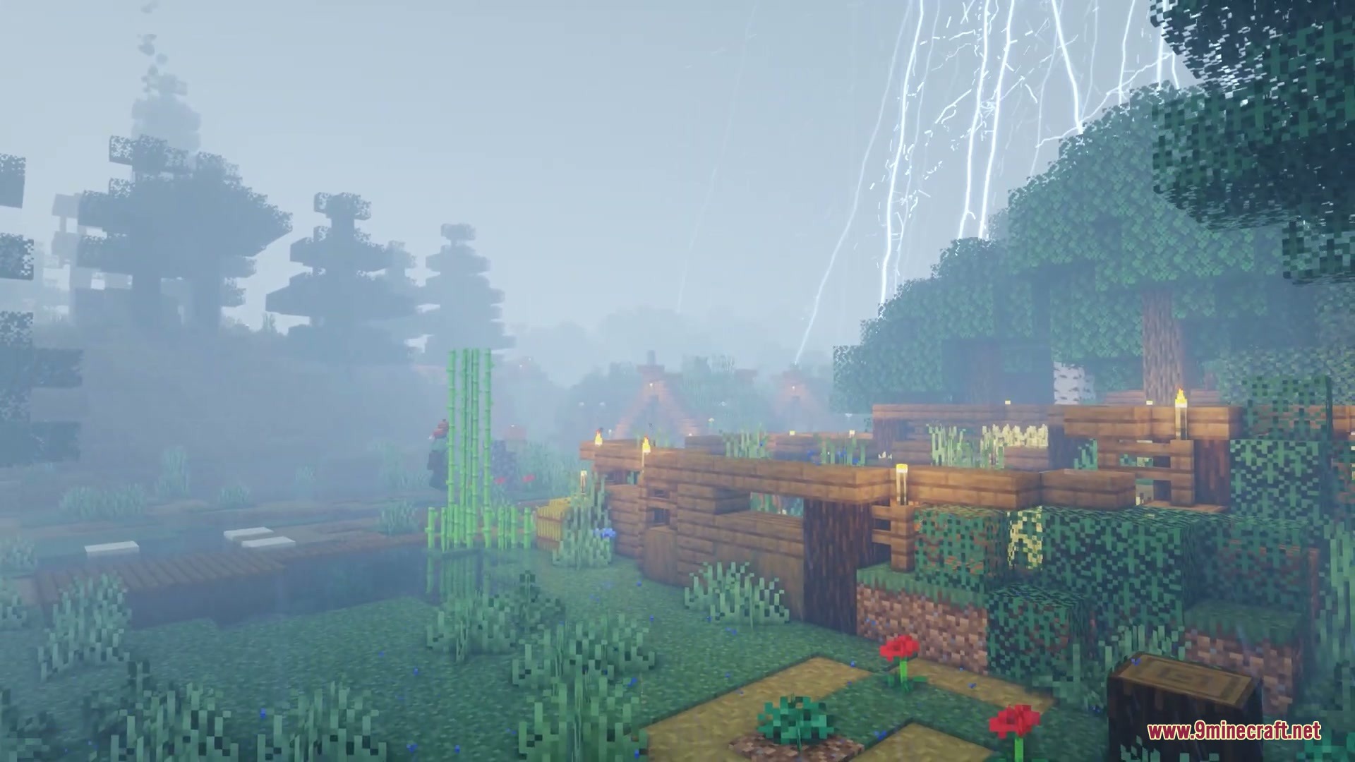 Bright lightning forks across a foggy sky above a small Minecraft wooden base