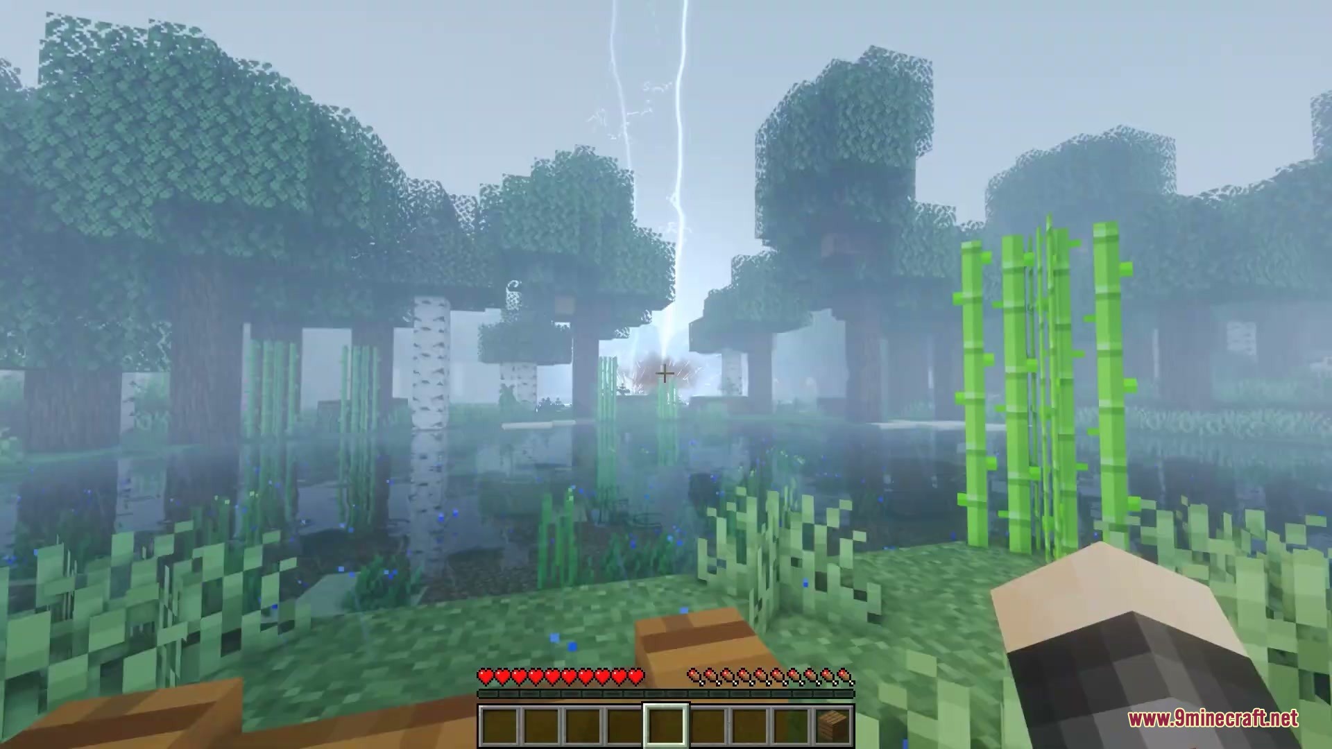 A bright lightning bolt strikes the ground in a foggy Minecraft forest