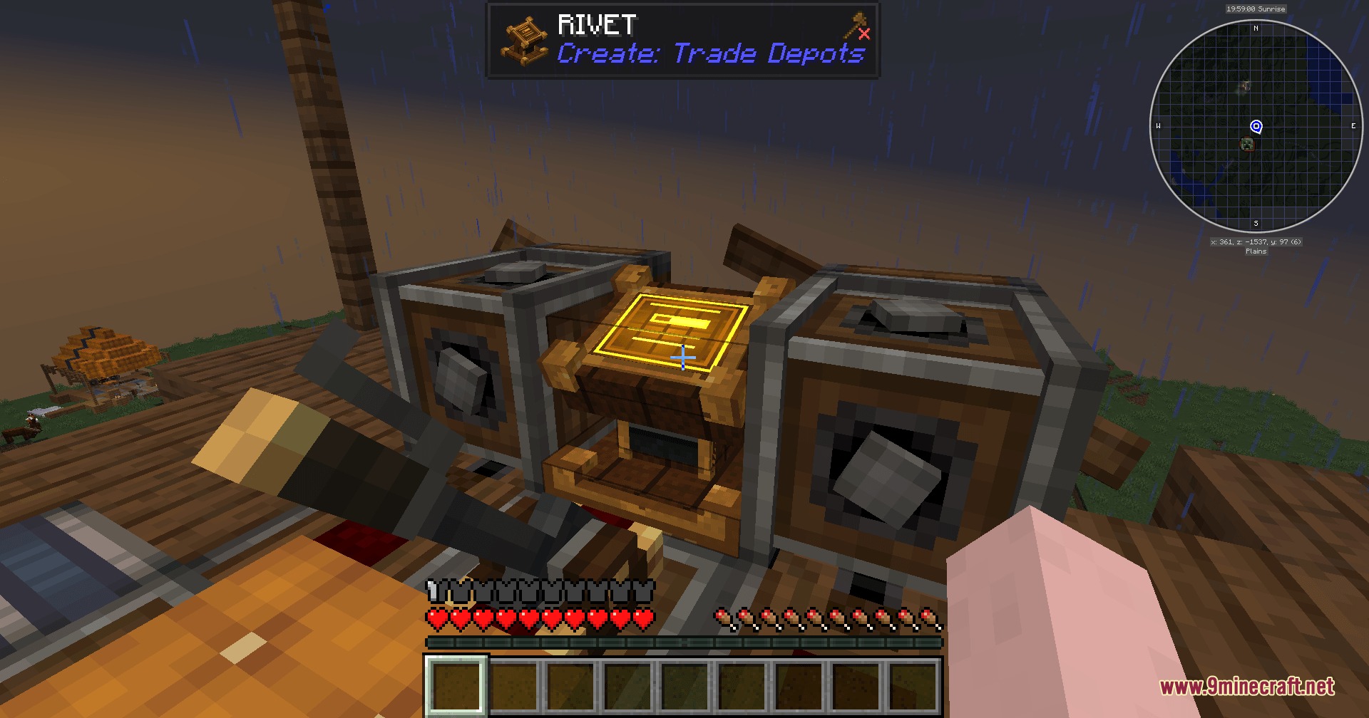 Skybound Mercantile Network Mod Screenshot 1 A player inspecting a RIVET block placed between two mechanical vaults in Minecraft