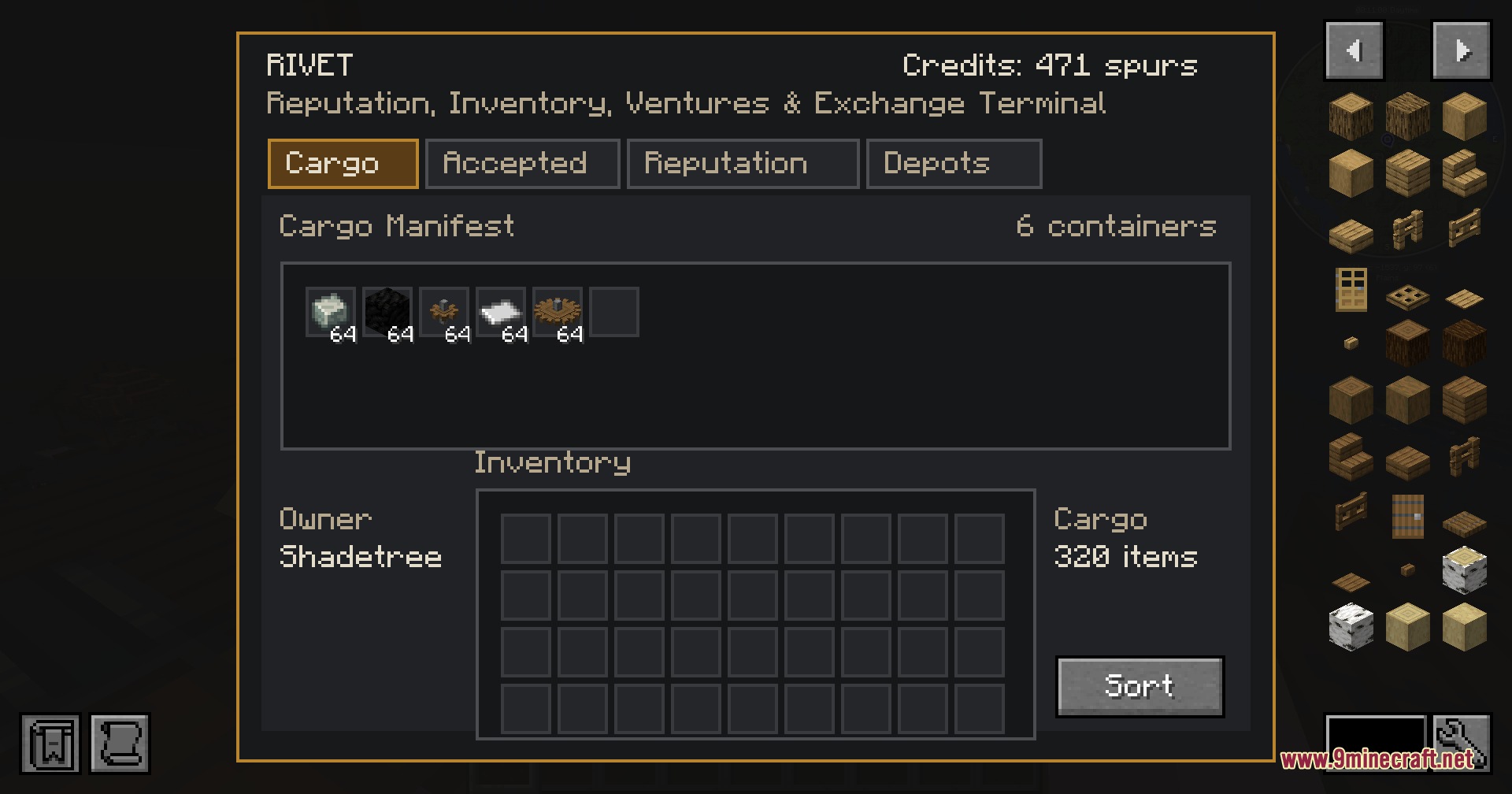 Skybound Mercantile Network Mod Screenshot 2 The RIVET interface displaying cargo manifest and credits for the Skybound Mercantile Network mod