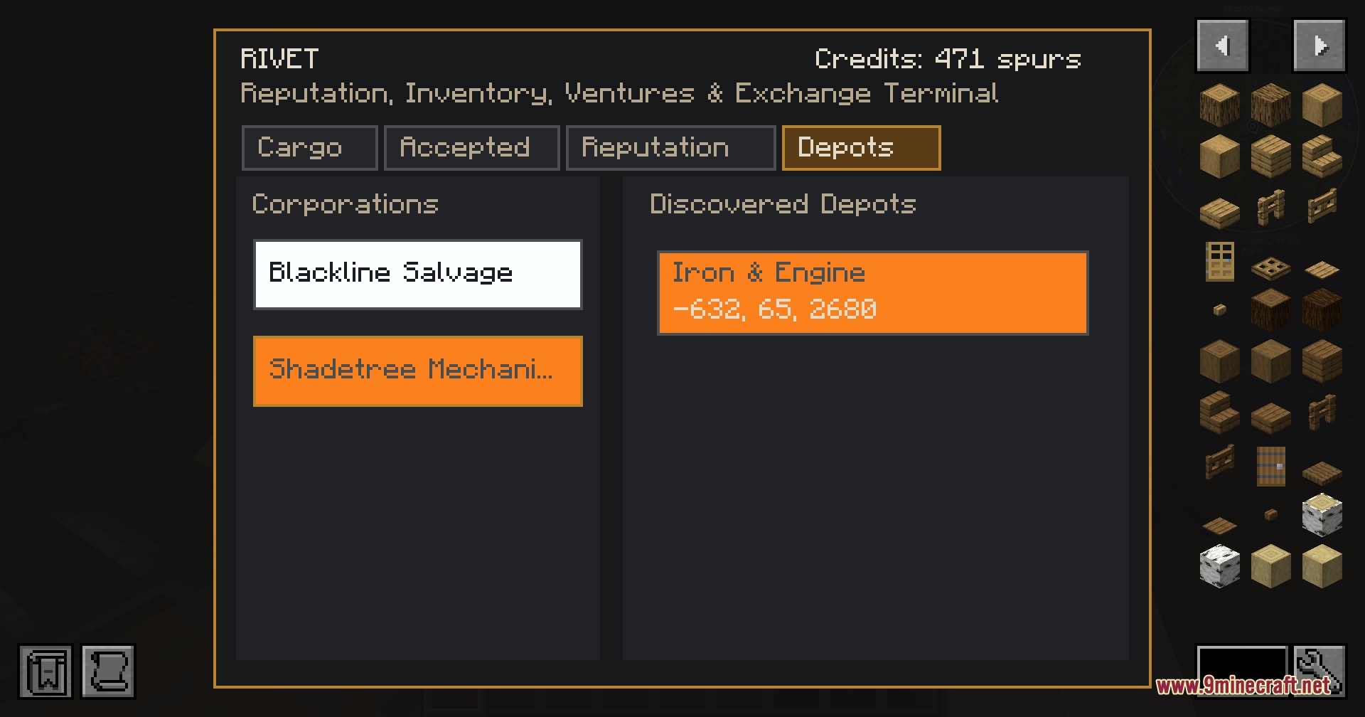 Skybound Mercantile Network Mod Screenshot 3 Skybound Mercantile Network RIVET interface showing discovered trade depots and corporate reputation