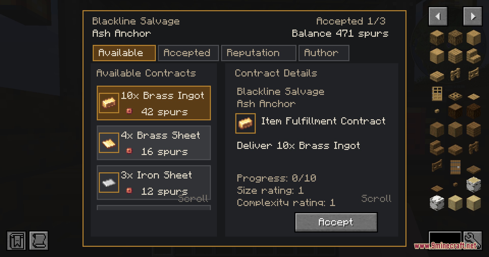 Skybound Mercantile Network Mod Screenshot 5 Interface menu displaying an item fulfillment contract for ten brass ingots