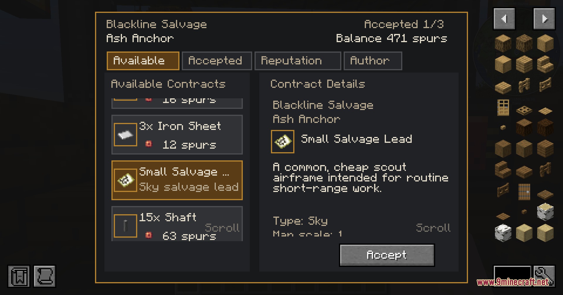 Skybound Mercantile Network Mod Screenshot 6 Interface menu displaying a small salvage lead contract for a scout airframe