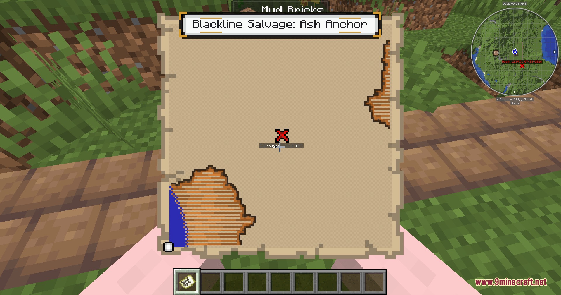 Skybound Mercantile Network Mod Screenshot 8 A player holding a salvage map pointing to a specific shipwreck location