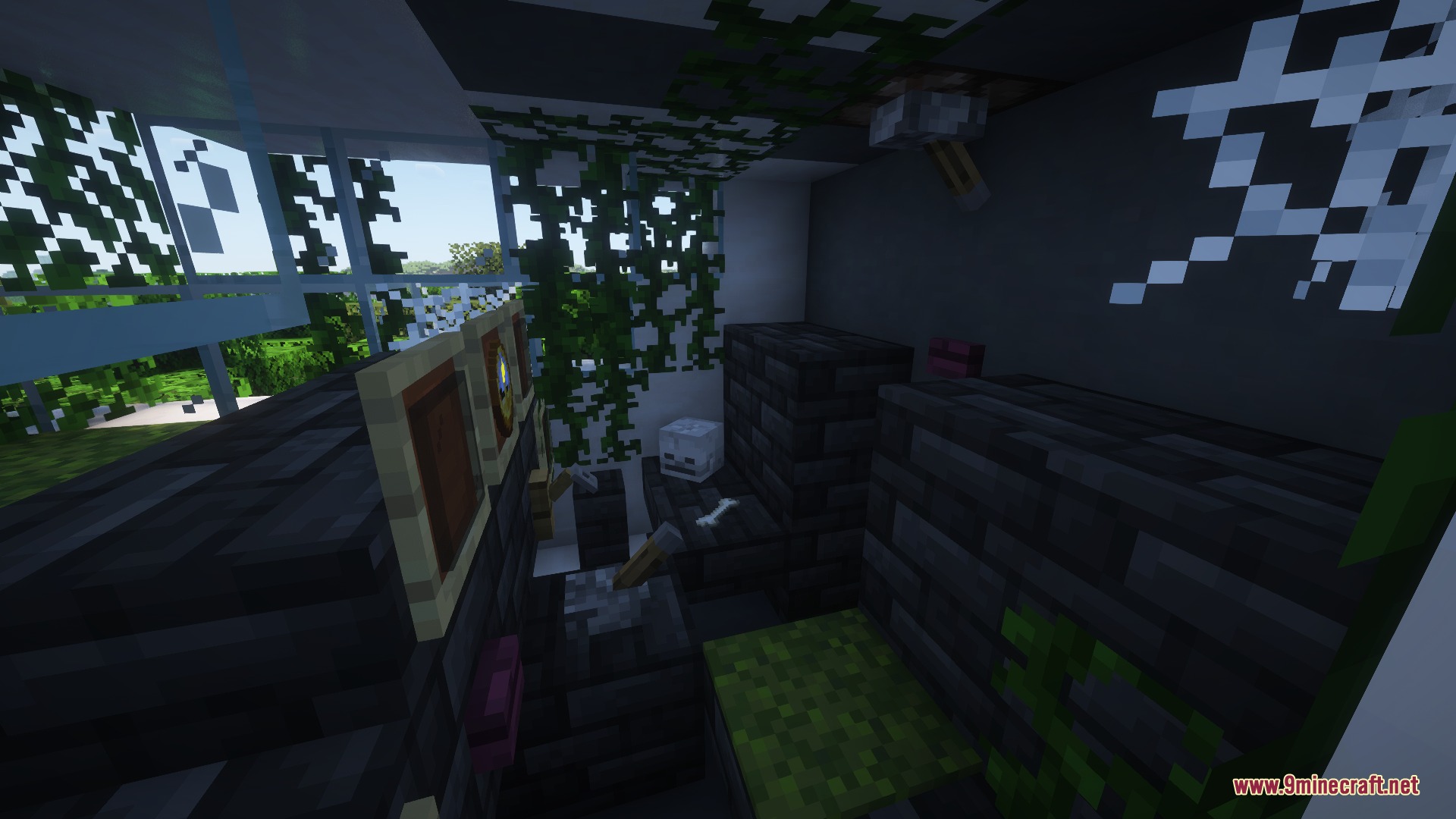 A skeleton skull and levers inside an abandoned airplane cockpit in Minecraft
