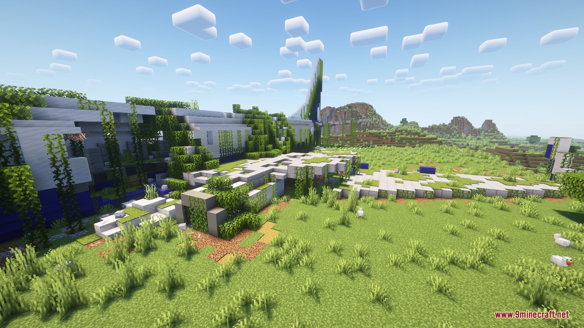 Skyfall Relics Mod features massive overgrown airplane wrecks in the Minecraft world