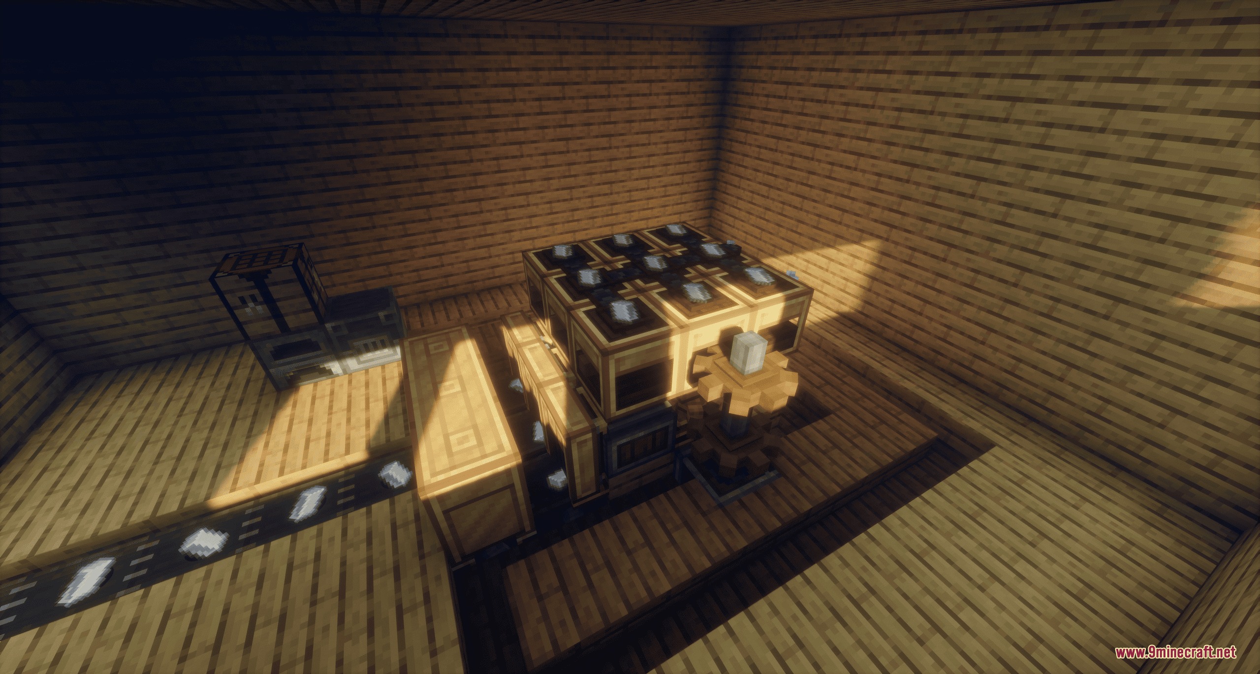 Skyward Assembly Lines Mod Screenshot 1 Horizontal mechanical crafters from Skyward Assembly Lines mod processing items on floor