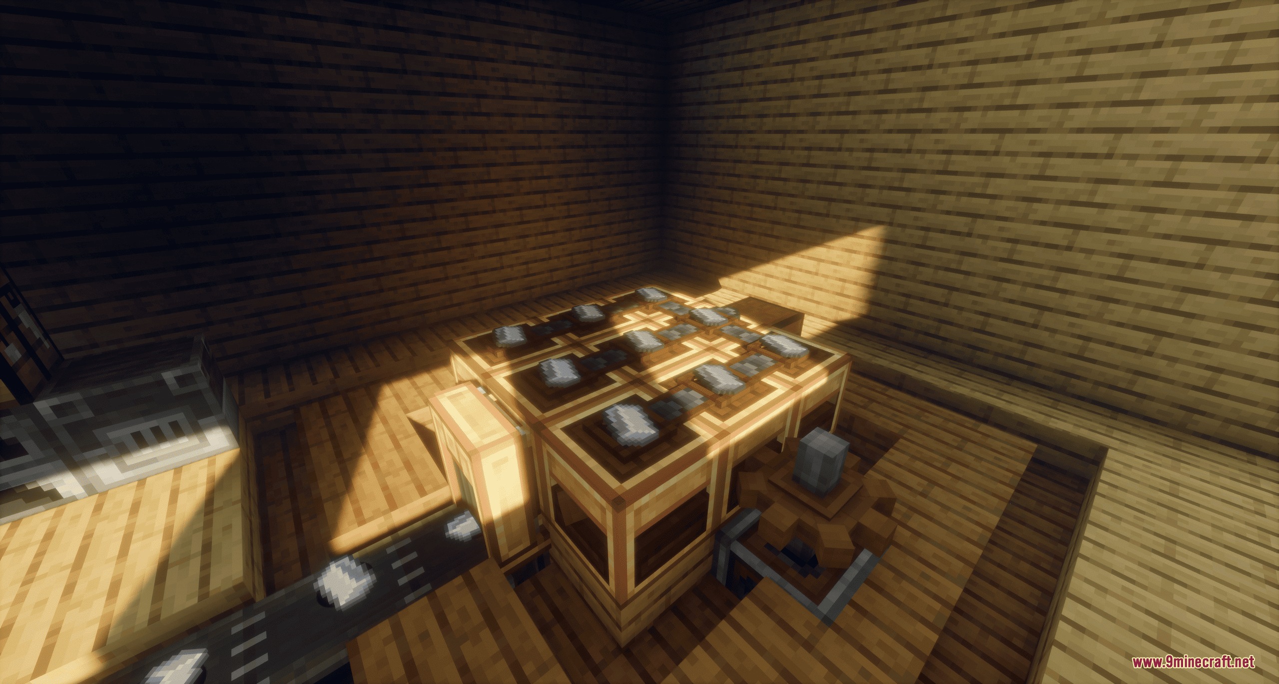 Skyward Assembly Lines Mod Screenshot 2 Close up view of items on a horizontal mechanical crafting grid setup
