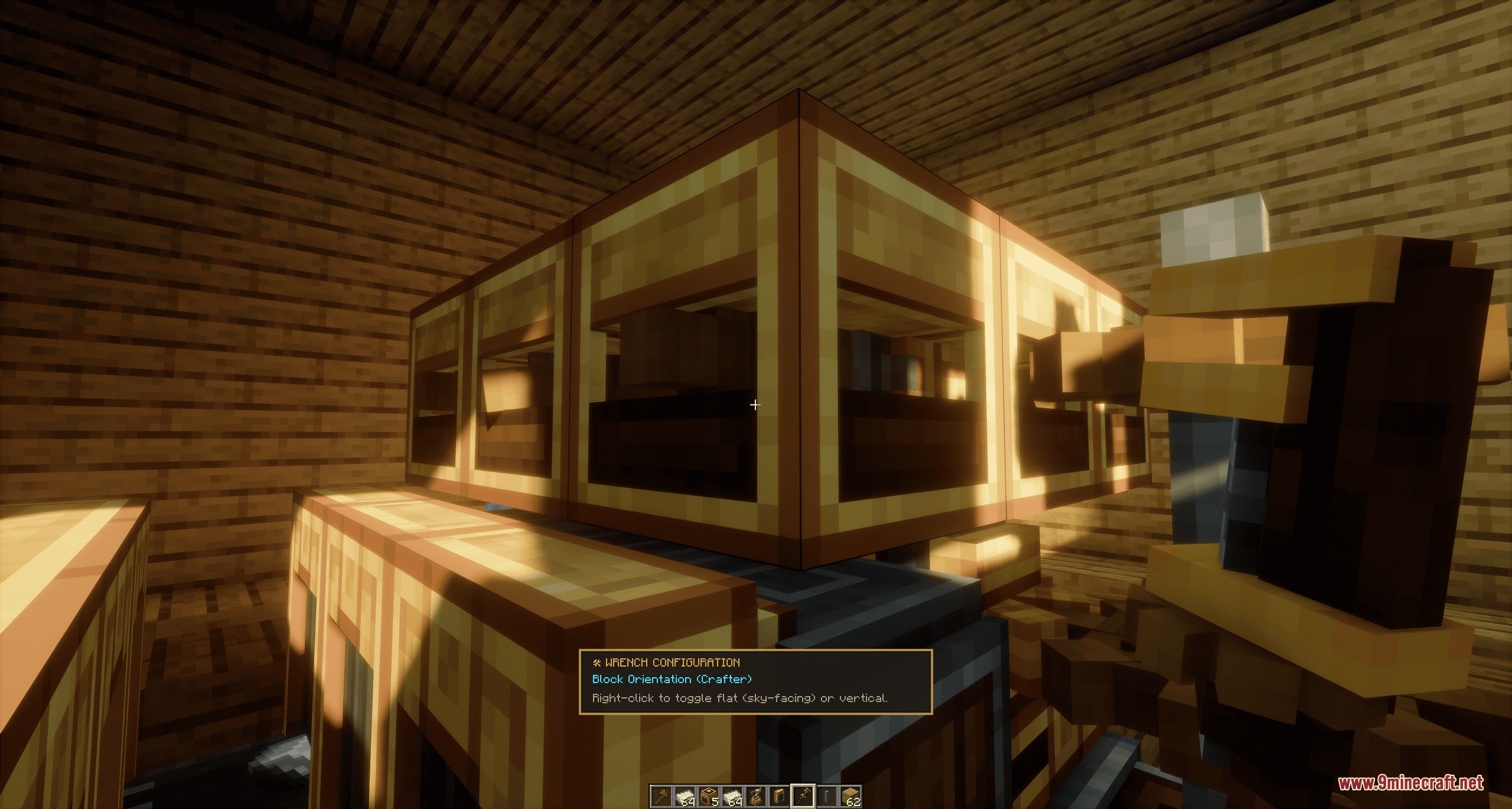 Skyward Assembly Lines Mod Screenshot 3 A player uses a wrench to rotate mechanical crafters to face upward