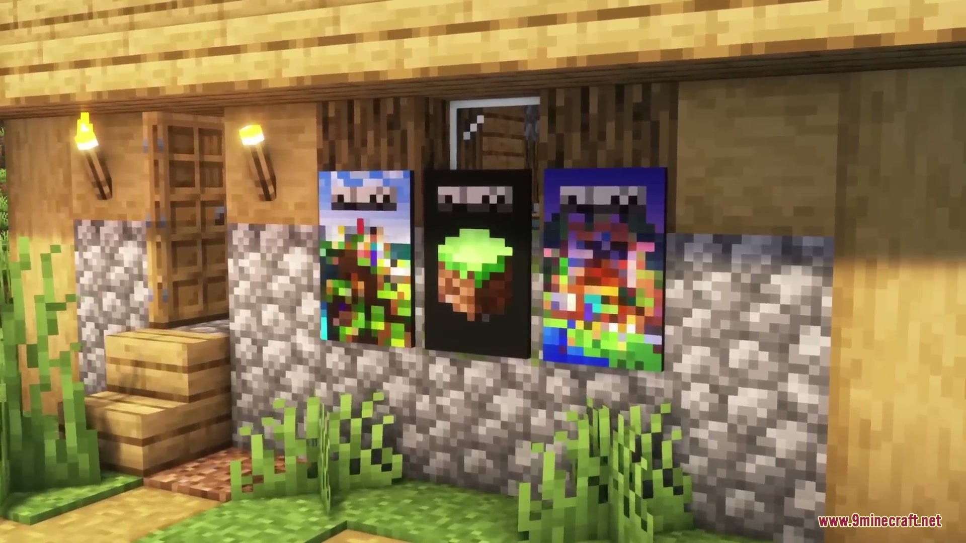 Sleek Living Spaces Mod Screenshot 10 Three colorful wall posters hanging on the exterior of a cobblestone building