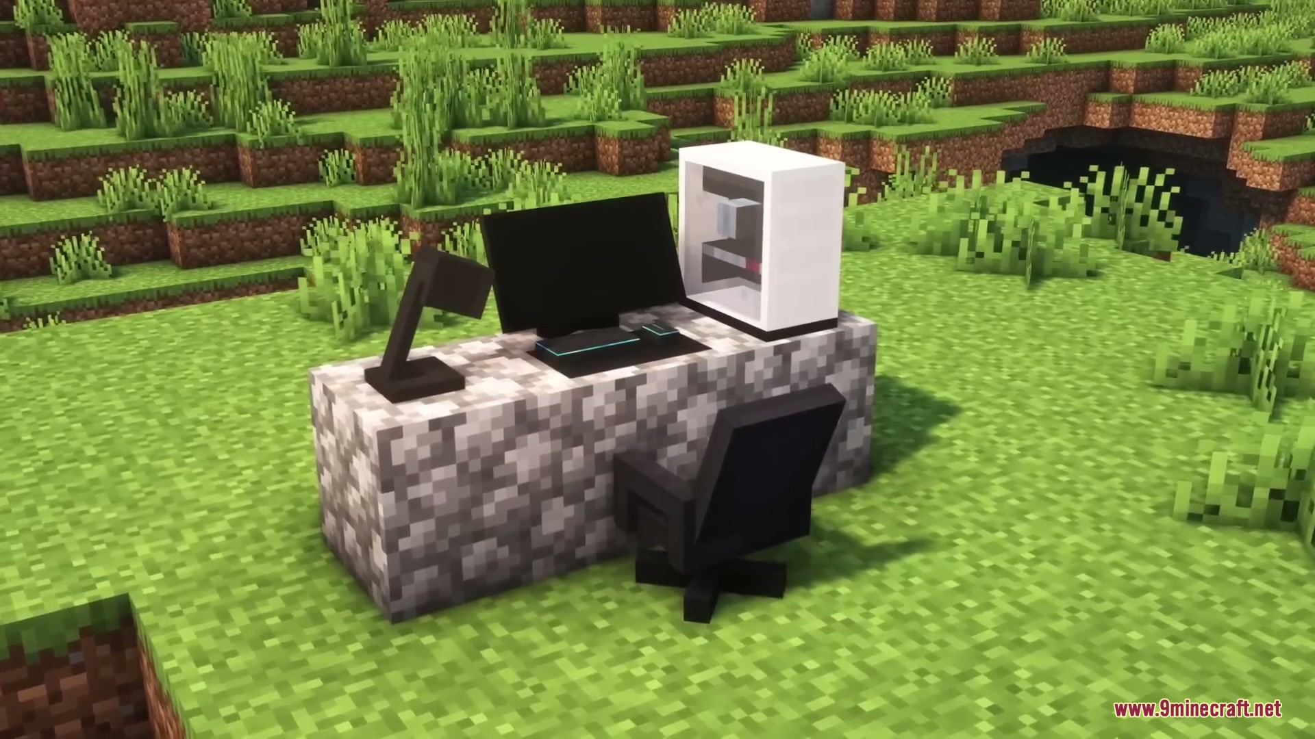 Sleek Living Spaces Mod Screenshot 11 A modern white gaming computer setup with a chair on a cobblestone desk