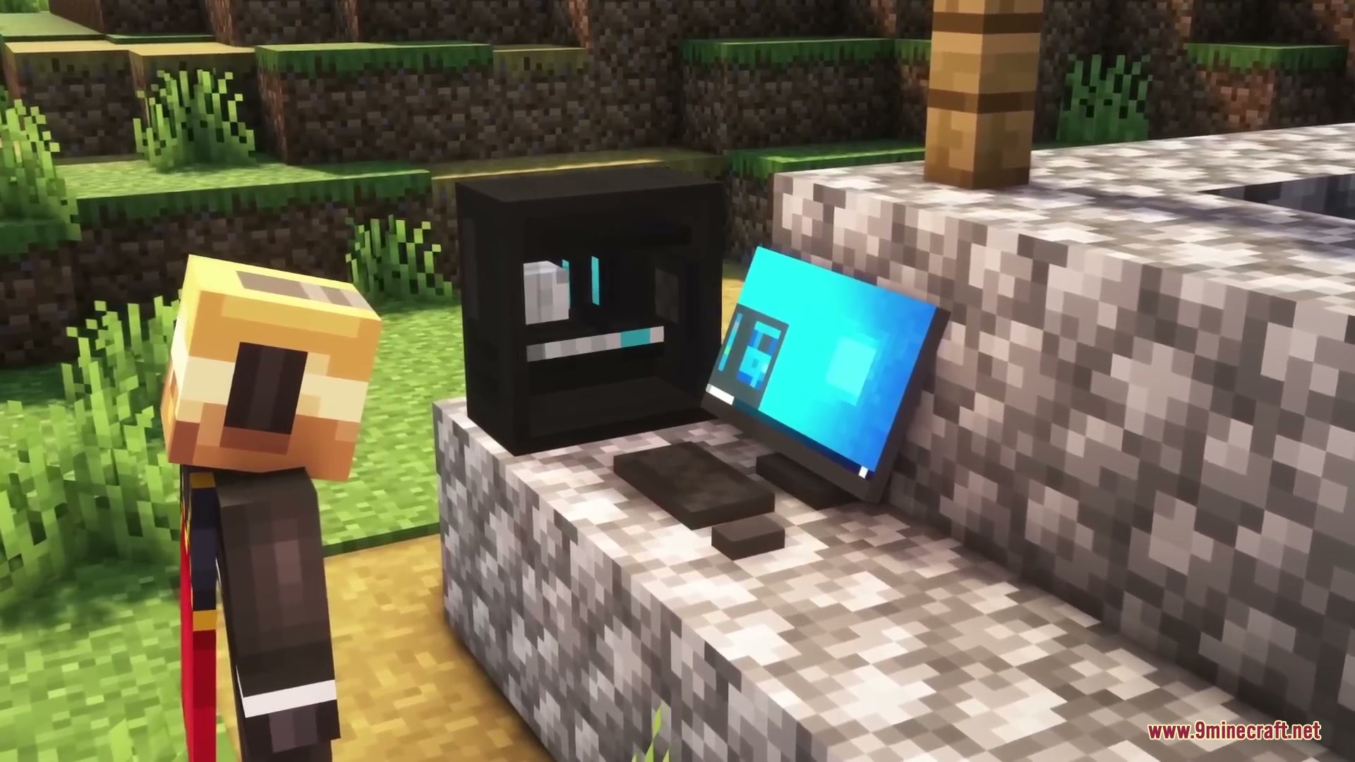 Sleek Living Spaces Mod Screenshot 12 A Minecraft character looking at a black desktop computer with a blue screen