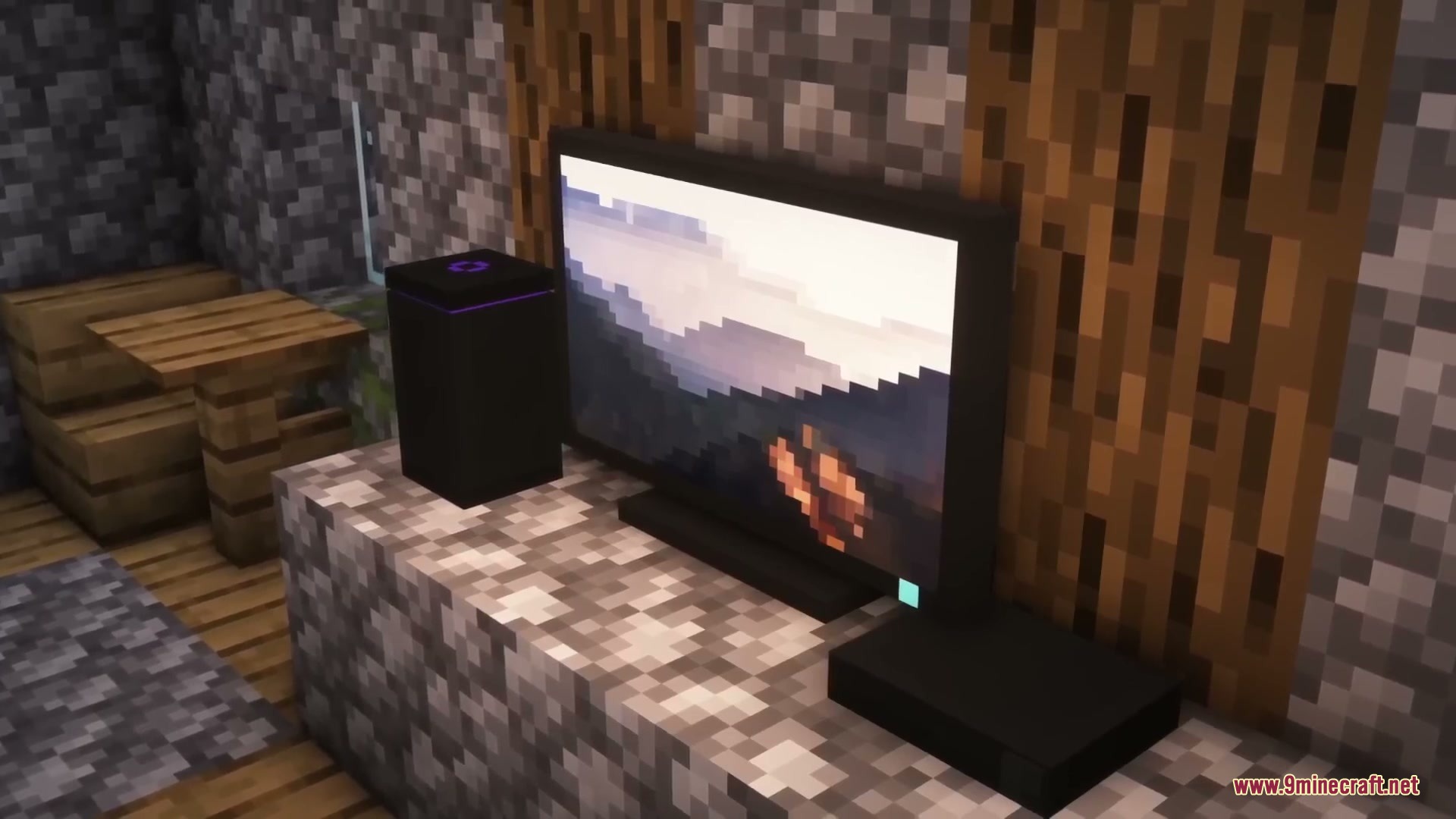Sleek Living Spaces Mod Screenshot 15 A flat screen television and modern electronics placed on a cobblestone counter
