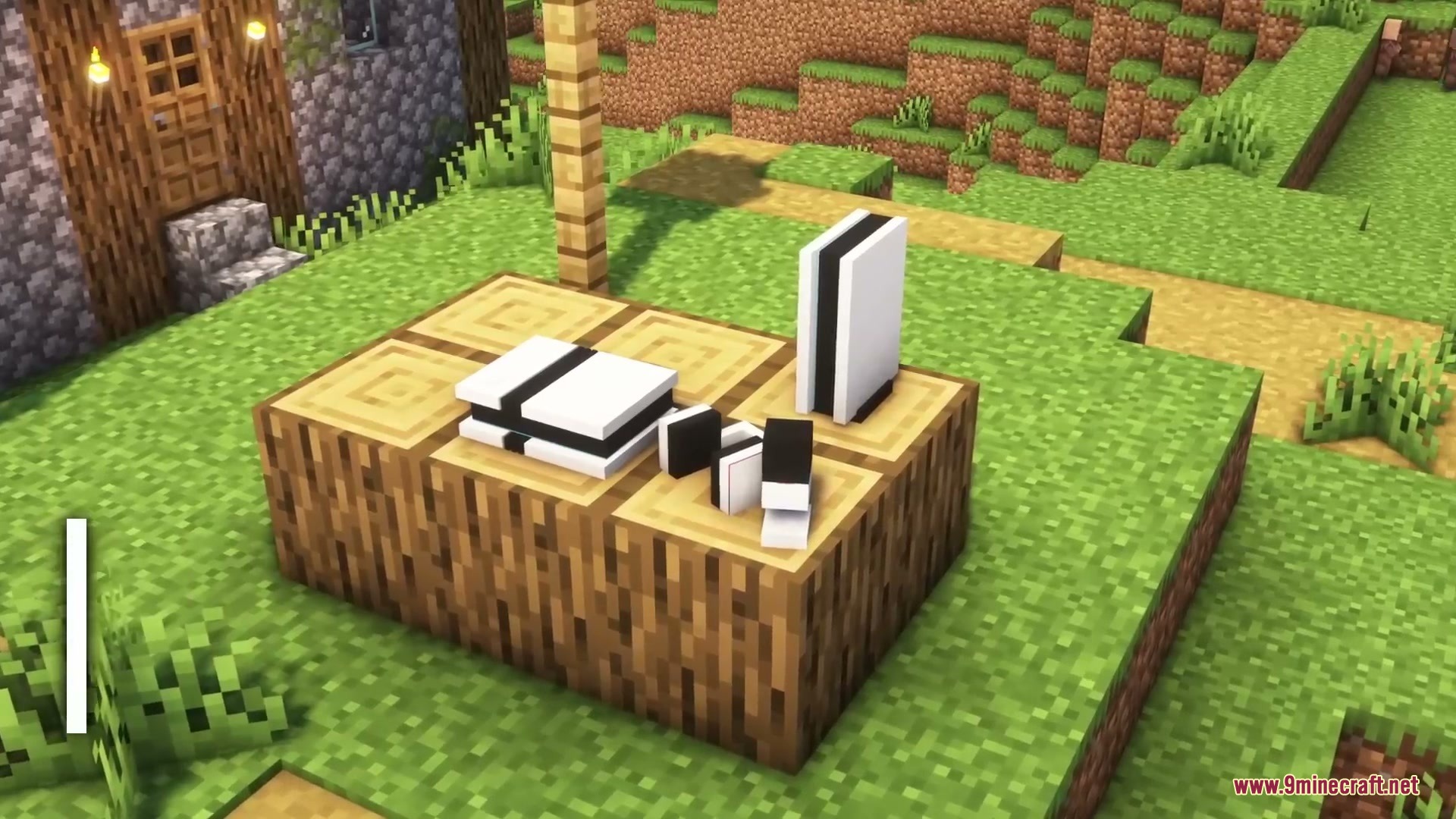 Sleek Living Spaces Mod Screenshot 3 Modern gaming console and controllers displayed on a wooden log in Minecraft