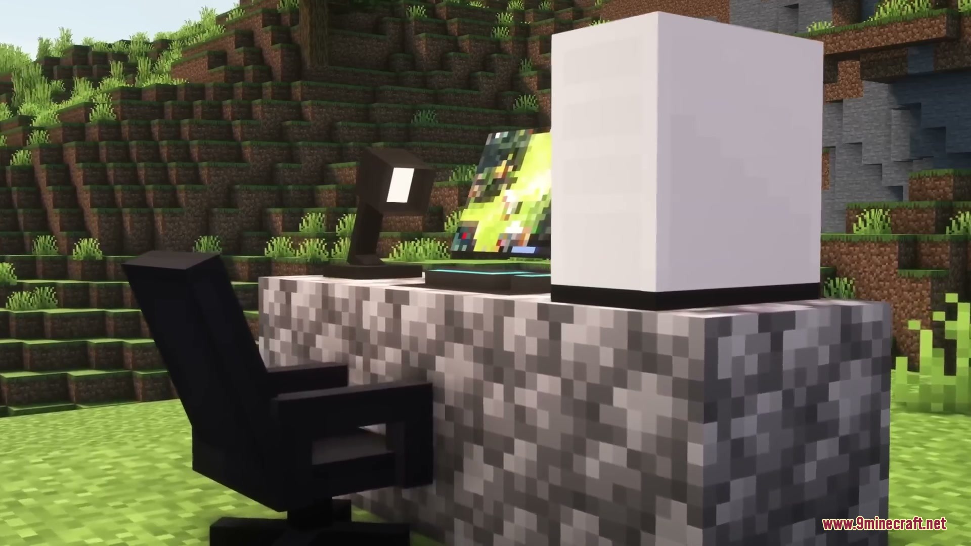 Sleek Living Spaces Mod Screenshot 5 Sleek Living Spaces Mod features a modern computer setup on cobblestone