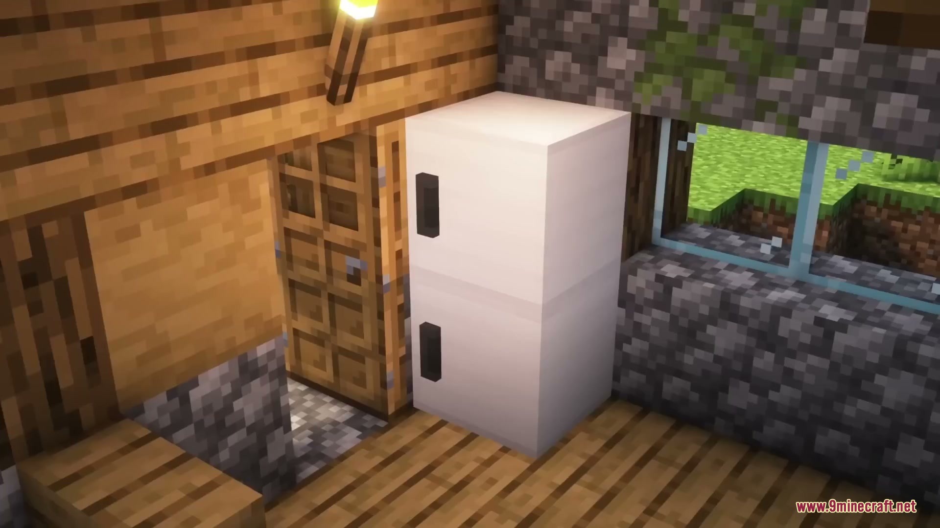 Sleek Living Spaces Mod Screenshot 6 A white refrigerator stands next to a wooden door inside a house