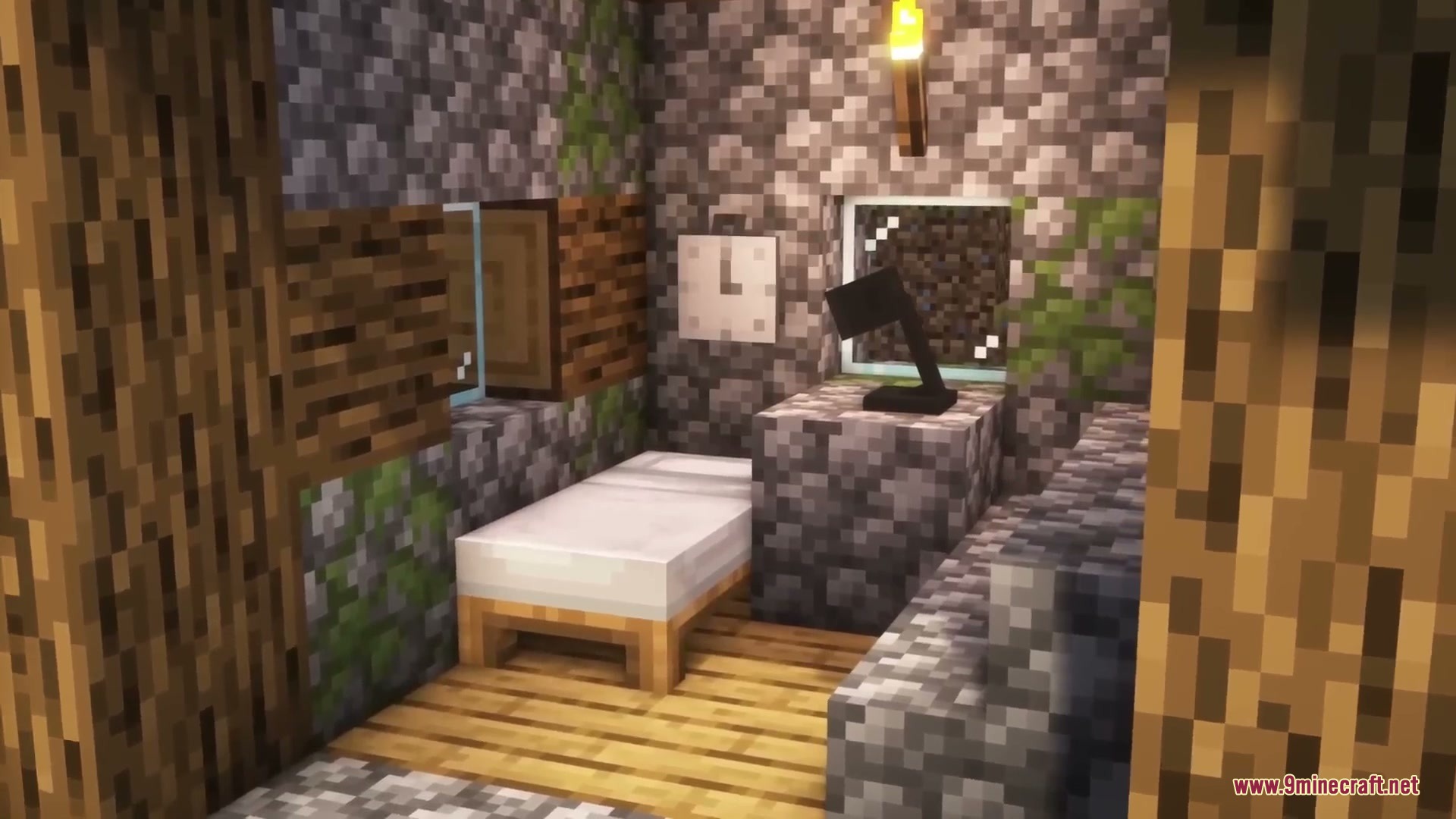 Sleek Living Spaces Mod Screenshot 7 A cozy bedroom featuring a white bed and a modern desk lamp