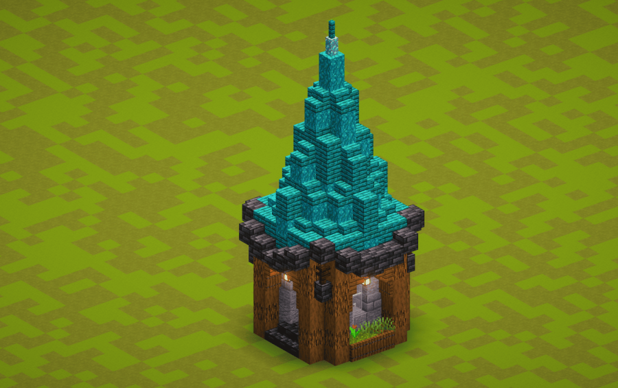Small Cyan Outpost Schematic Screenshots 1 A small medieval tower with a pointed turquoise roof and stone base
