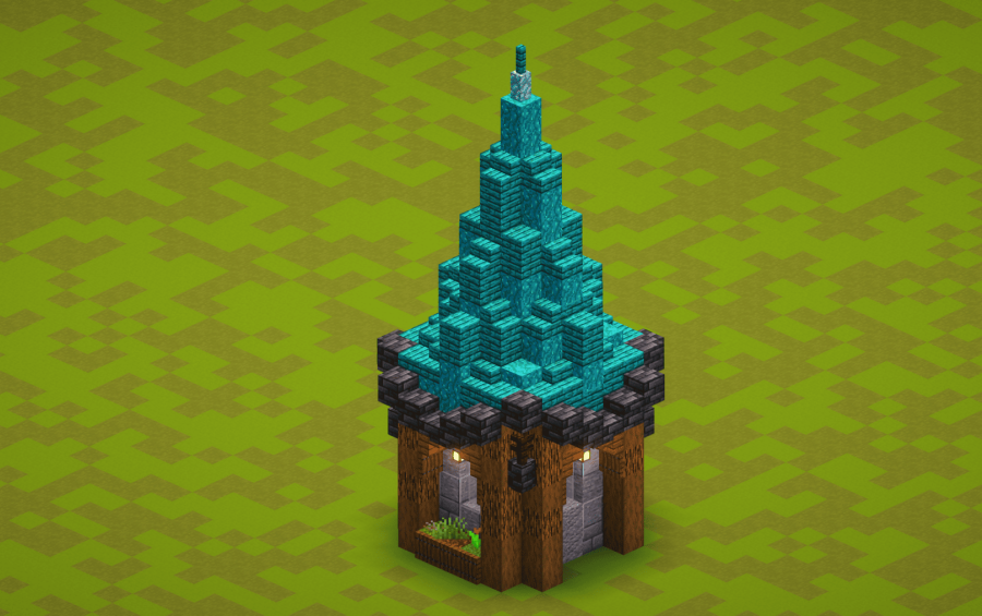 Small Cyan Outpost Schematic Screenshots 3 A small medieval tower with a tall layered cyan roof on grass