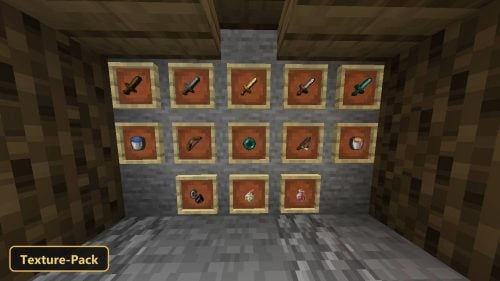 items in item frames: various swords, buckets, an emerald, fishing rod