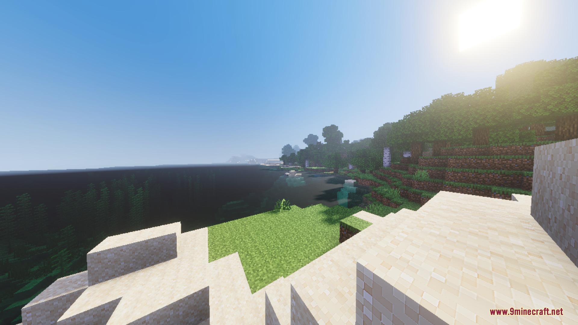 Solace Lite Shader Screenshot 10 Bright sun reflecting off clear water near a sandy beach in Minecraft